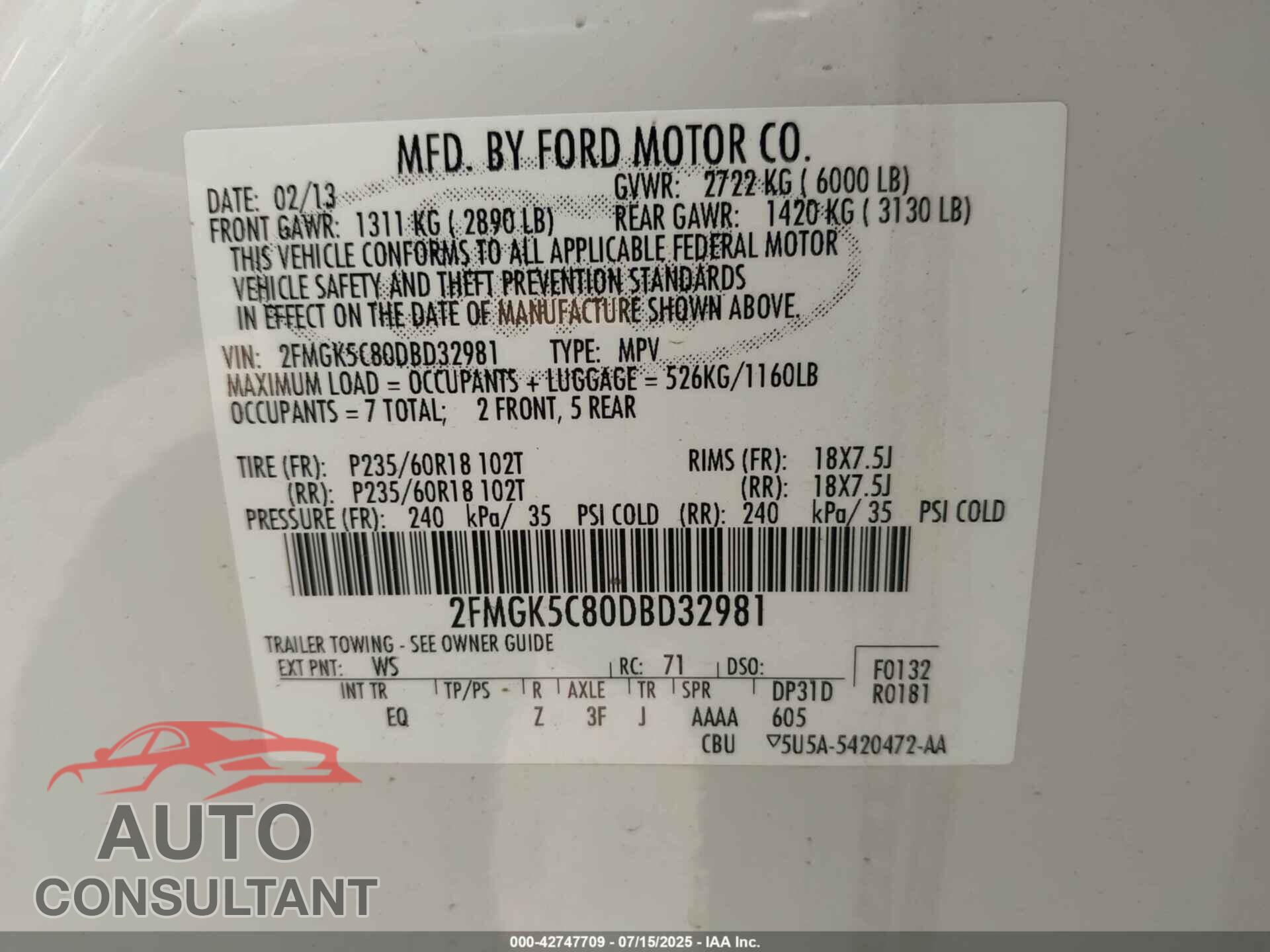FORD FLEX 2013 - 2FMGK5C80DBD32981