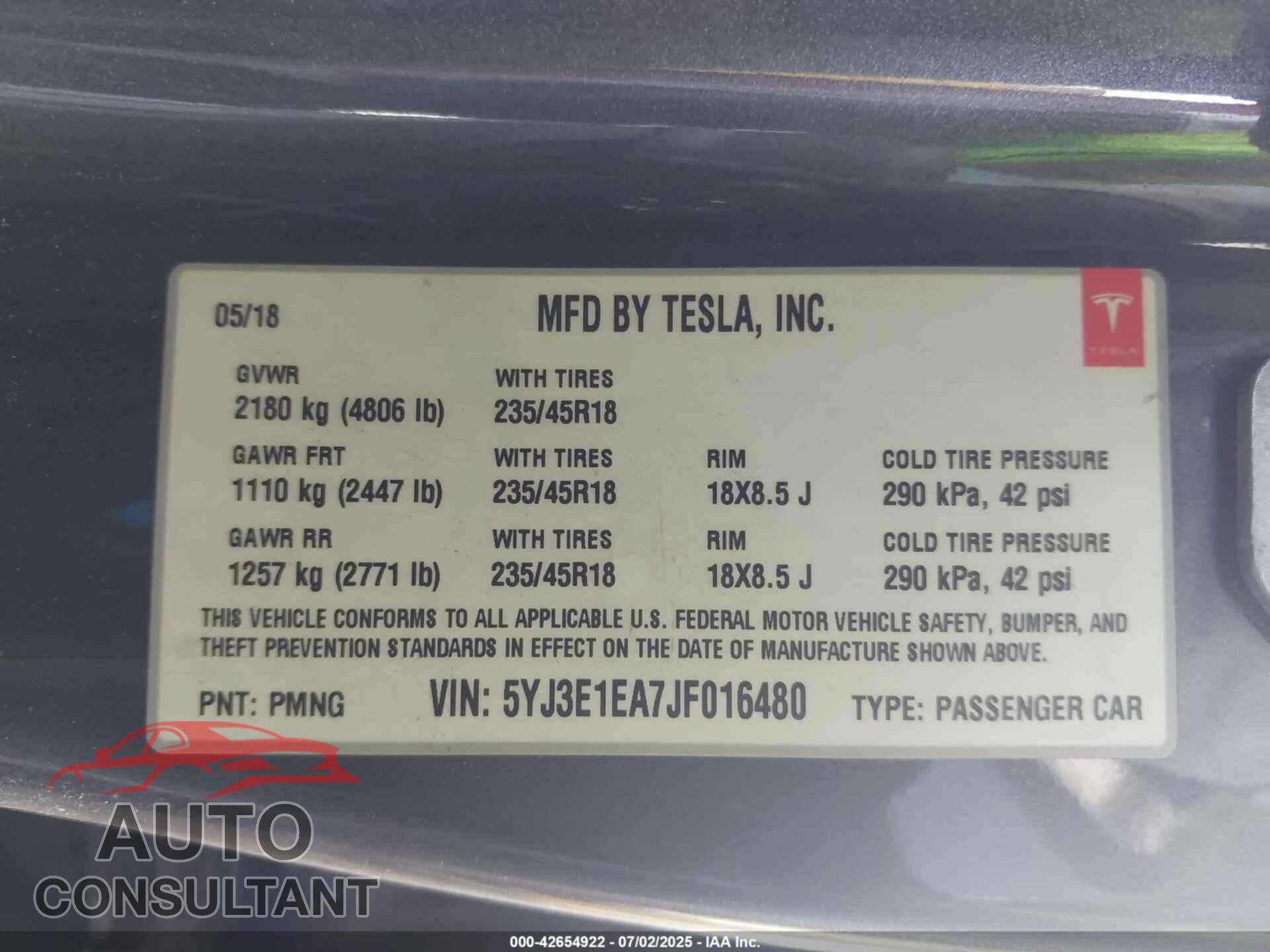TESLA MODEL 3 2018 - 5YJ3E1EA7JF016480