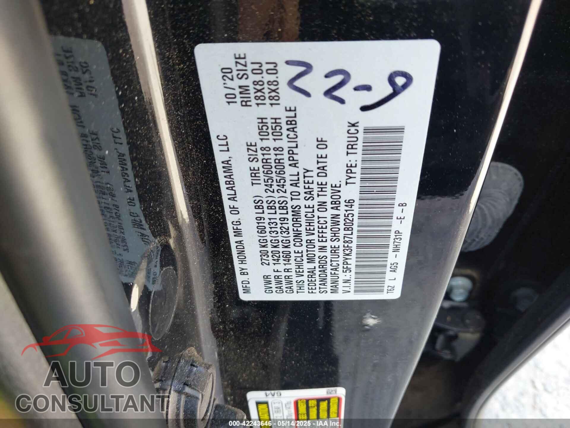 HONDA RIDGELINE 2020 - 5FPYK3F87LB025146