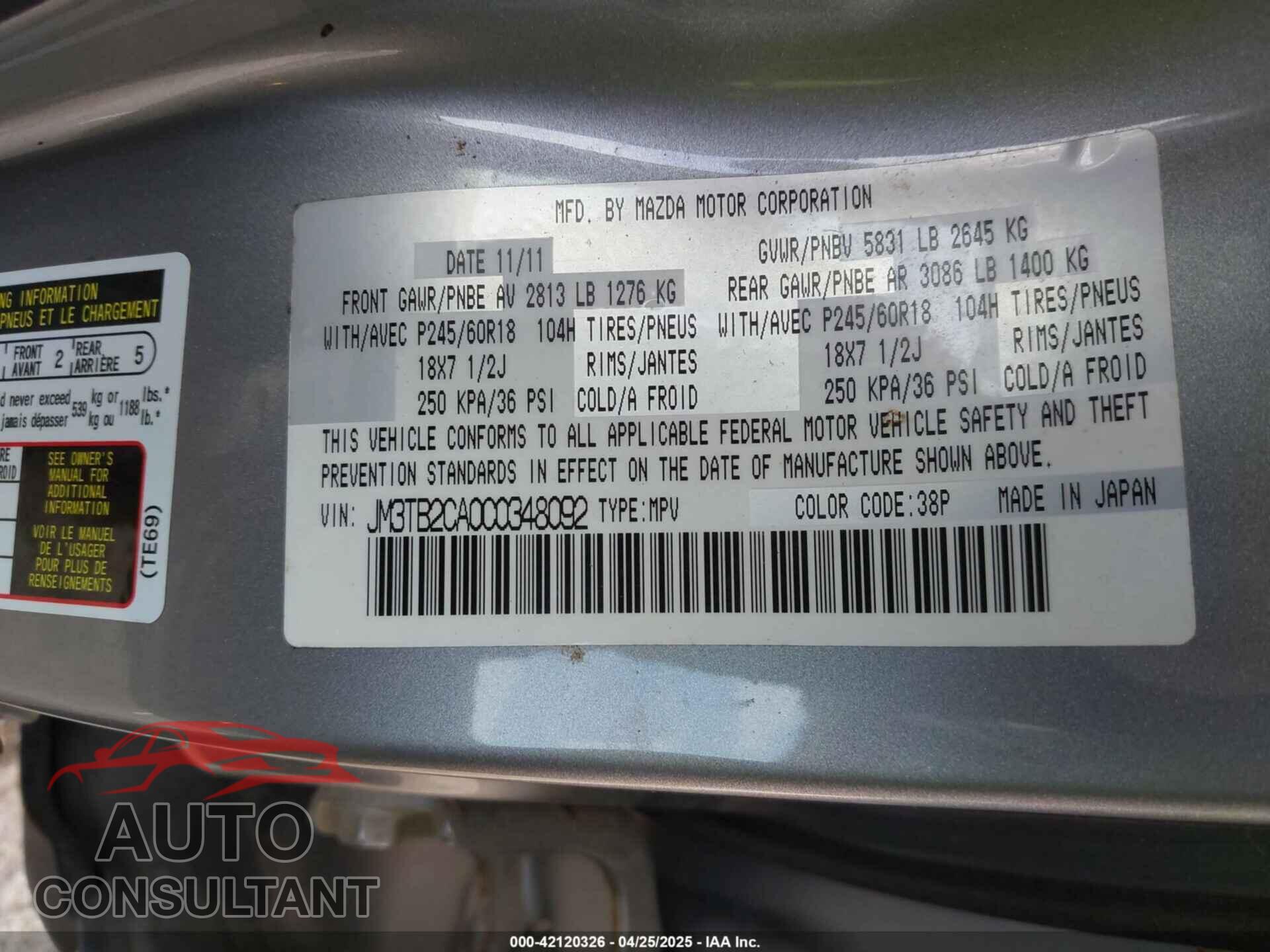 MAZDA CX-9 2012 - JM3TB2CA0C0348092