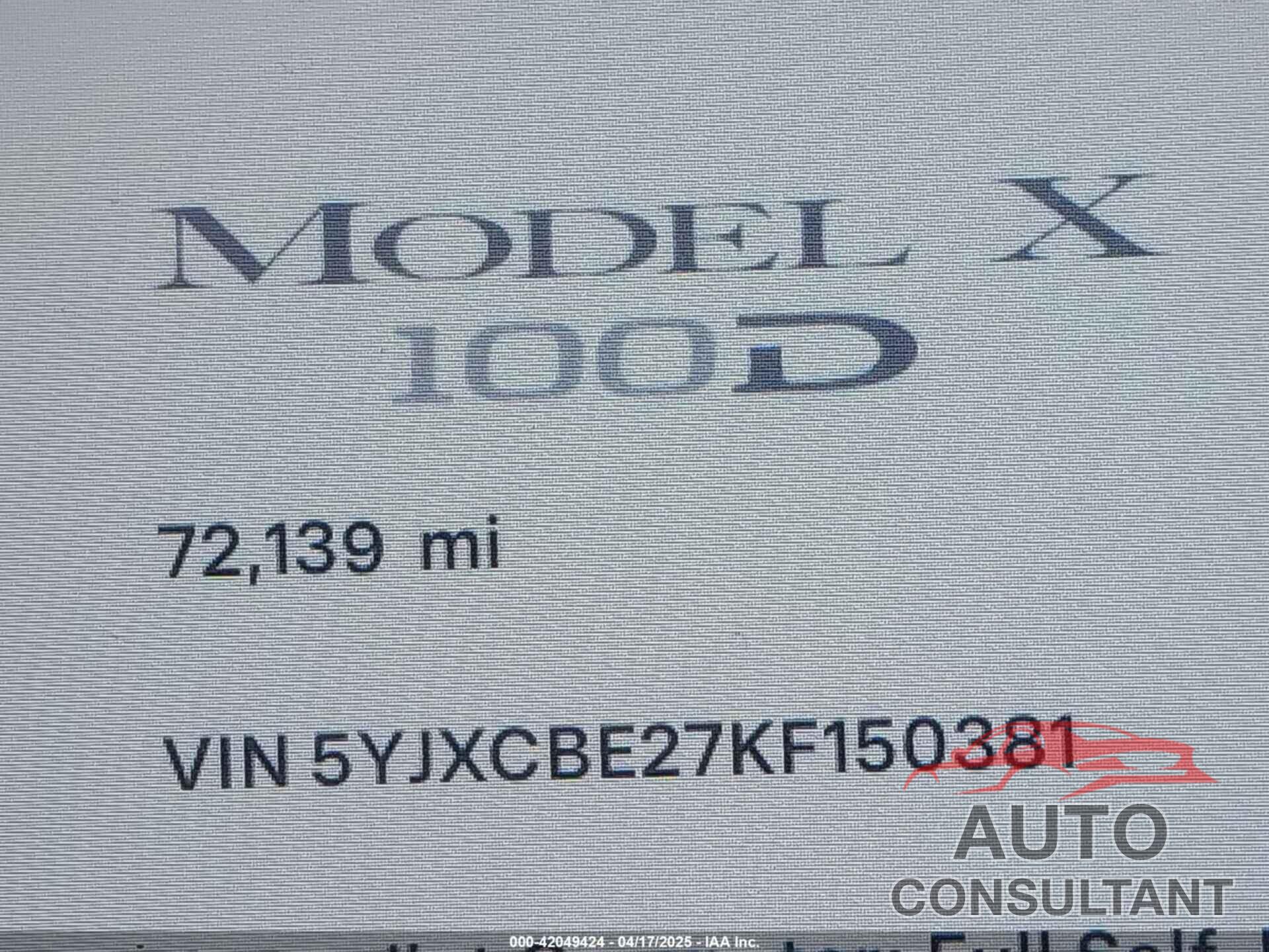 TESLA MODEL X 2019 - 5YJXCBE27KF150381