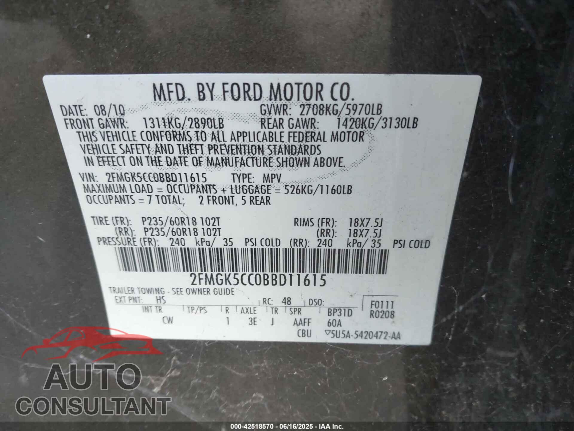 FORD FLEX 2011 - 2FMGK5CC0BBD11615