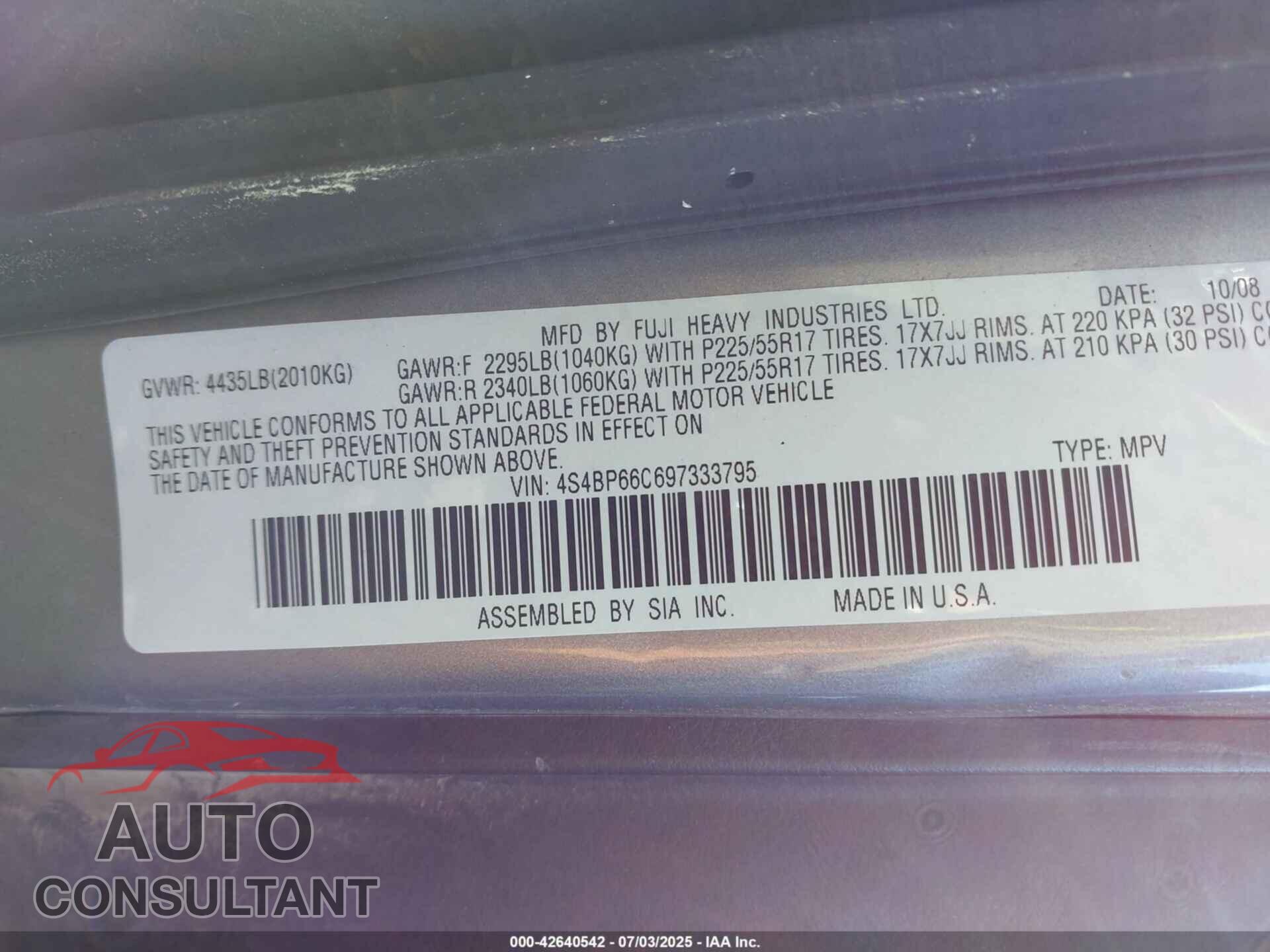SUBARU OUTBACK 2009 - 4S4BP66C697333795