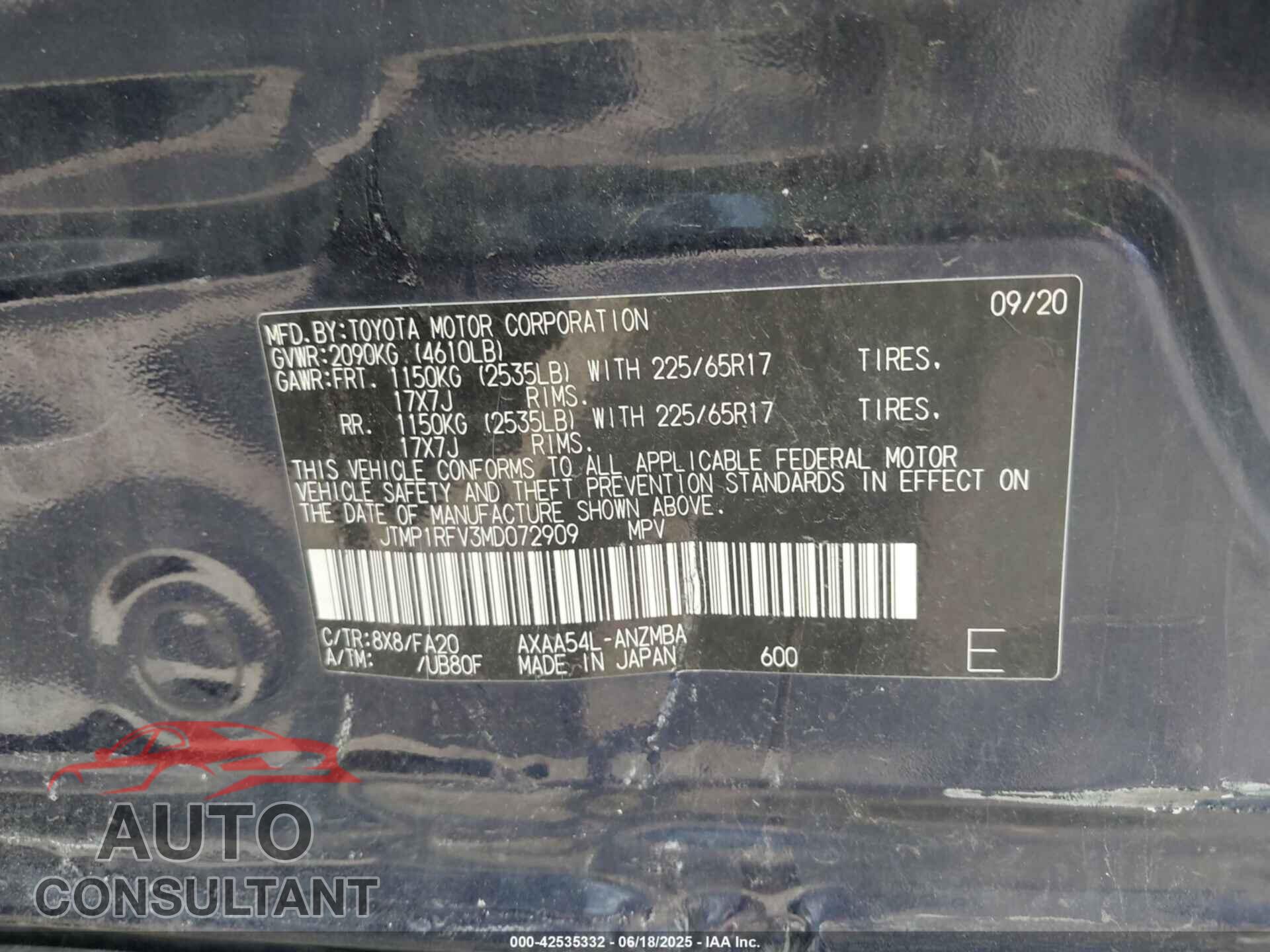 TOYOTA RAV4 2021 - JTMP1RFV3MD072909