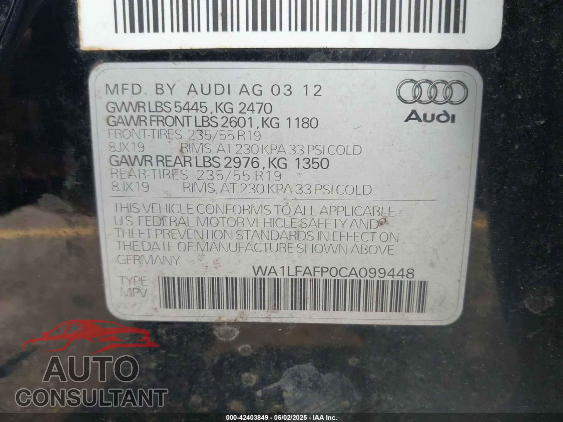 AUDI Q5 2012 - WA1LFAFP0CA099448