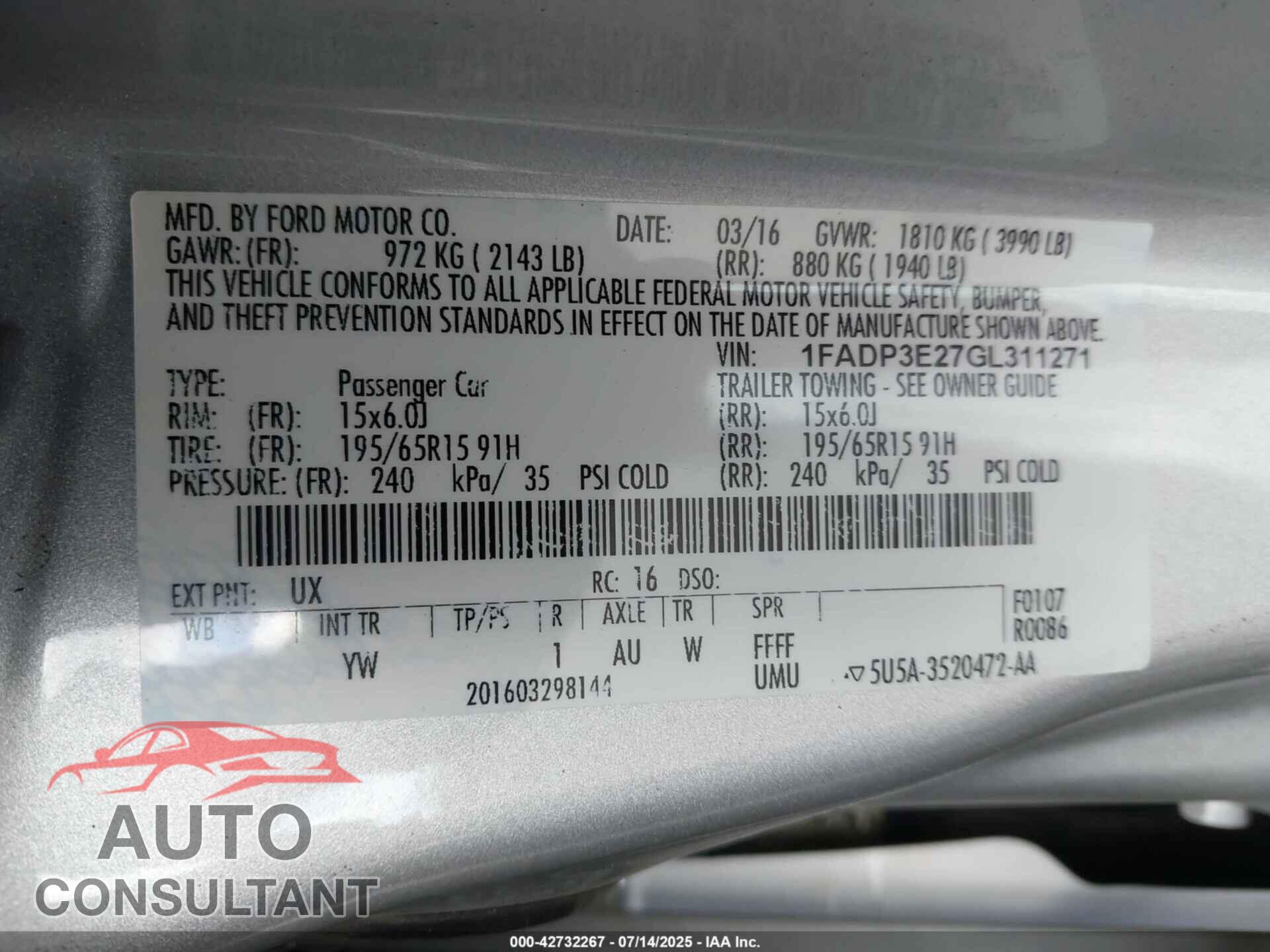 FORD FOCUS 2016 - 1FADP3E27GL311271