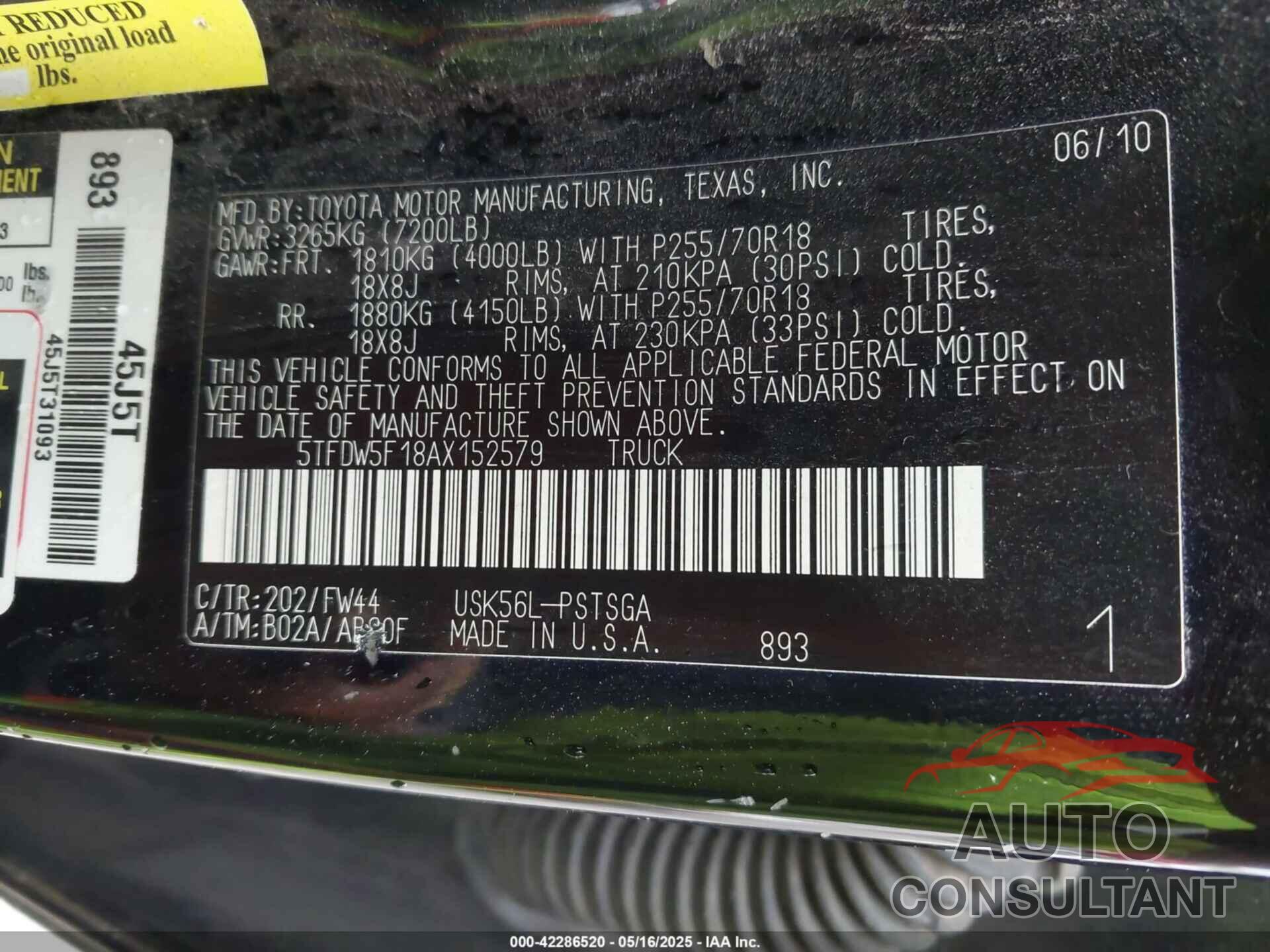 TOYOTA TUNDRA 2010 - 5TFDW5F18AX152579