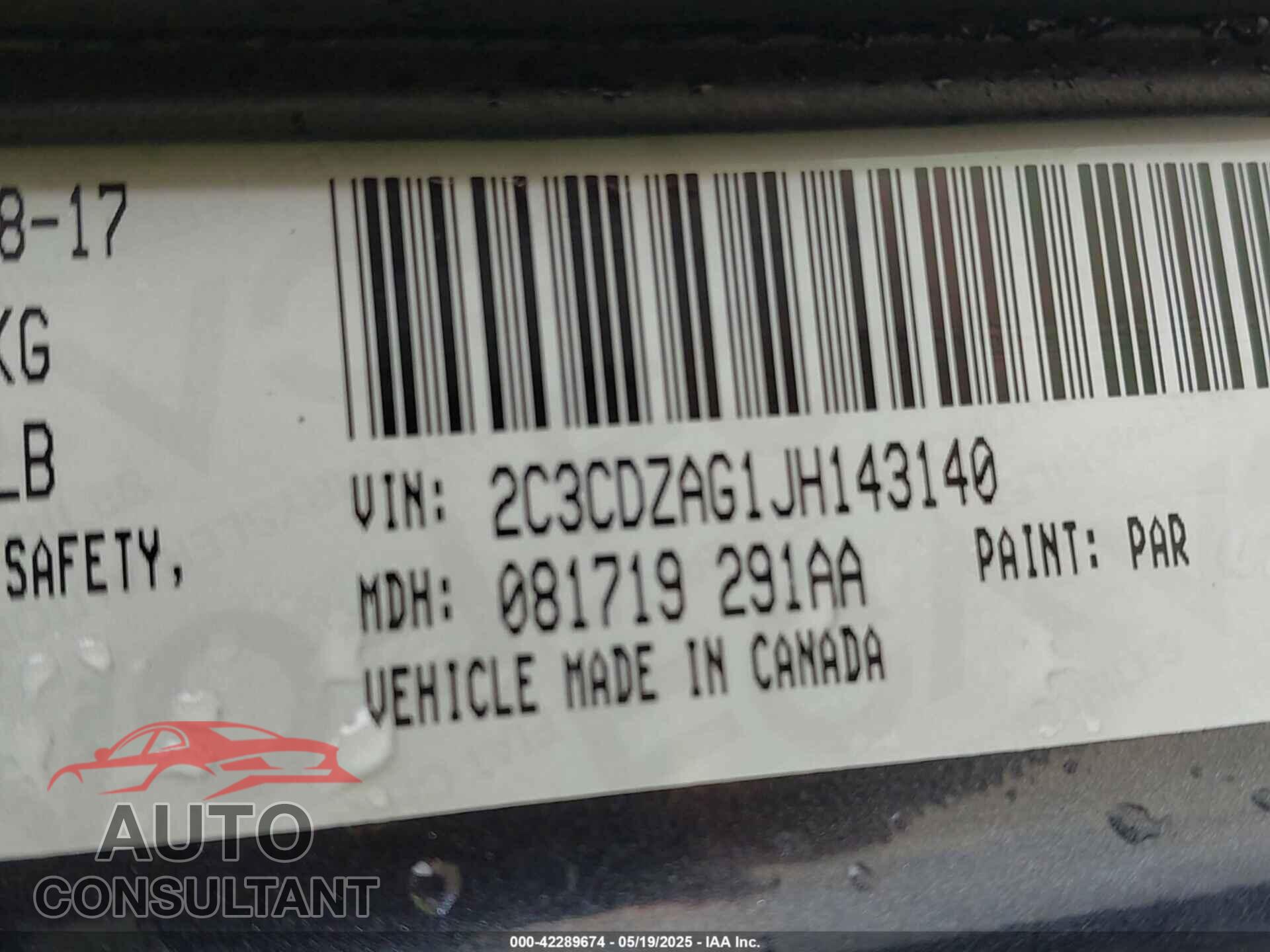 DODGE CHALLENGER 2018 - 2C3CDZAG1JH143140