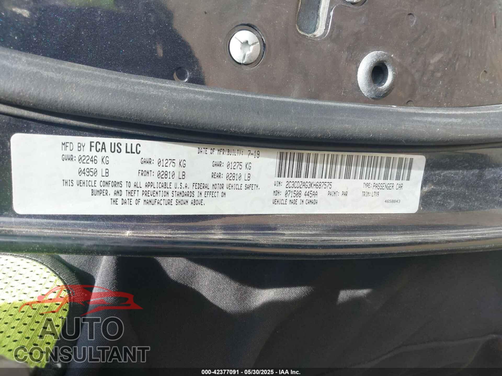 DODGE CHALLENGER 2019 - 2C3CDZAG3KH687575