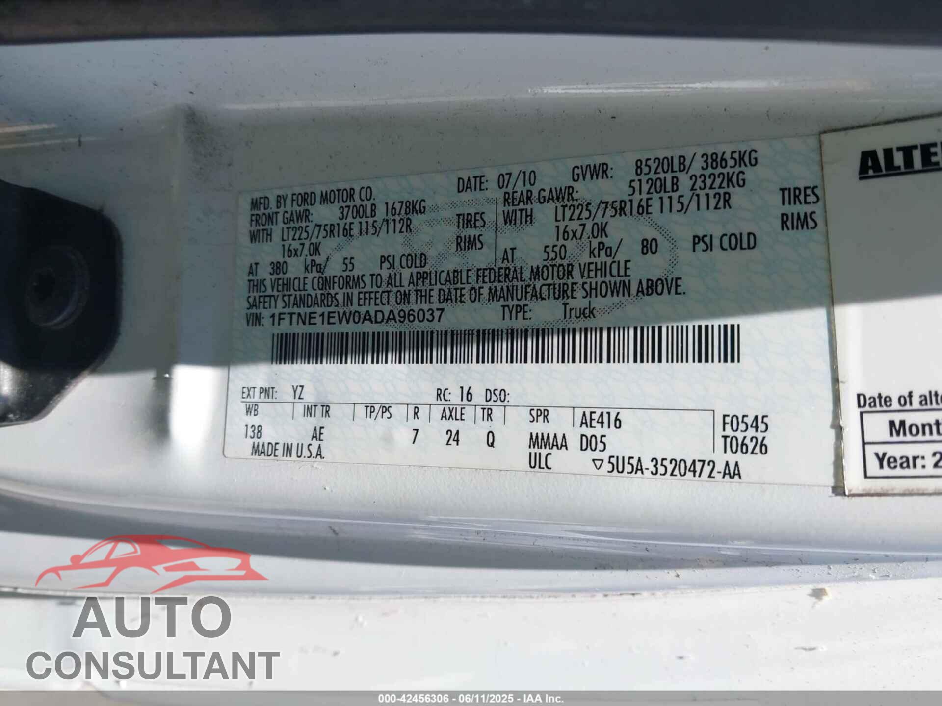 FORD E-150 2010 - 1FTNE1EW0ADA96037