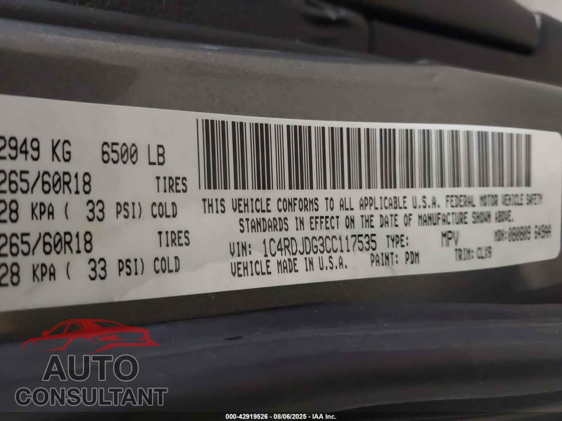 DODGE DURANGO 2012 - 1C4RDJDG3CC117535