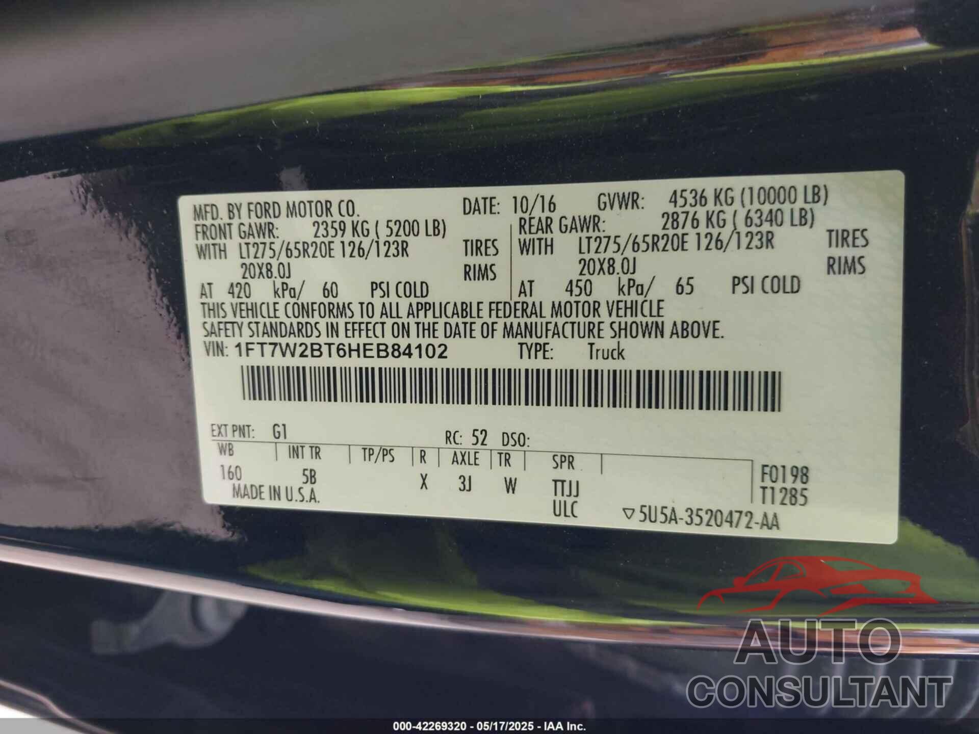 FORD F-250 2017 - 1FT7W2BT6HEB84102