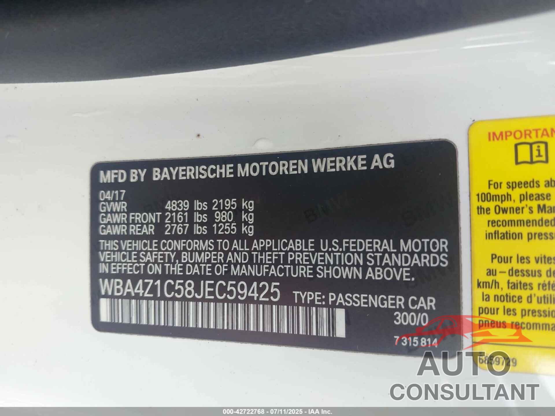 BMW 430I 2018 - WBA4Z1C58JEC59425