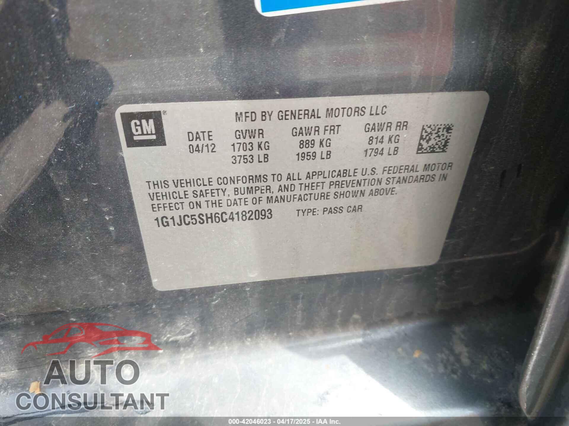 CHEVROLET SONIC 2012 - 1G1JC5SH6C4182093