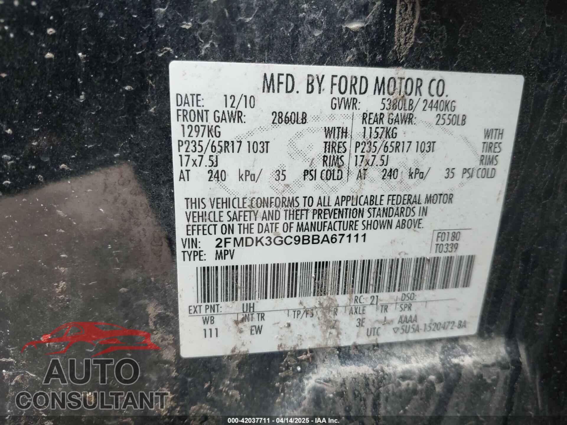 FORD EDGE 2011 - 2FMDK3GC9BBA67111