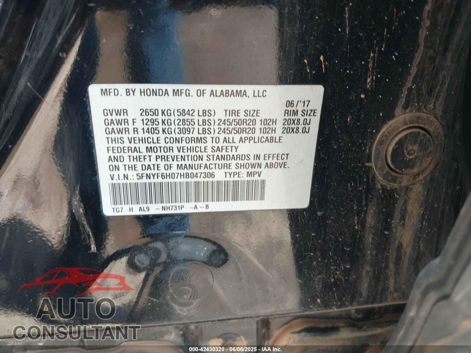 HONDA PILOT 2017 - 5FNYF6H07HB047306