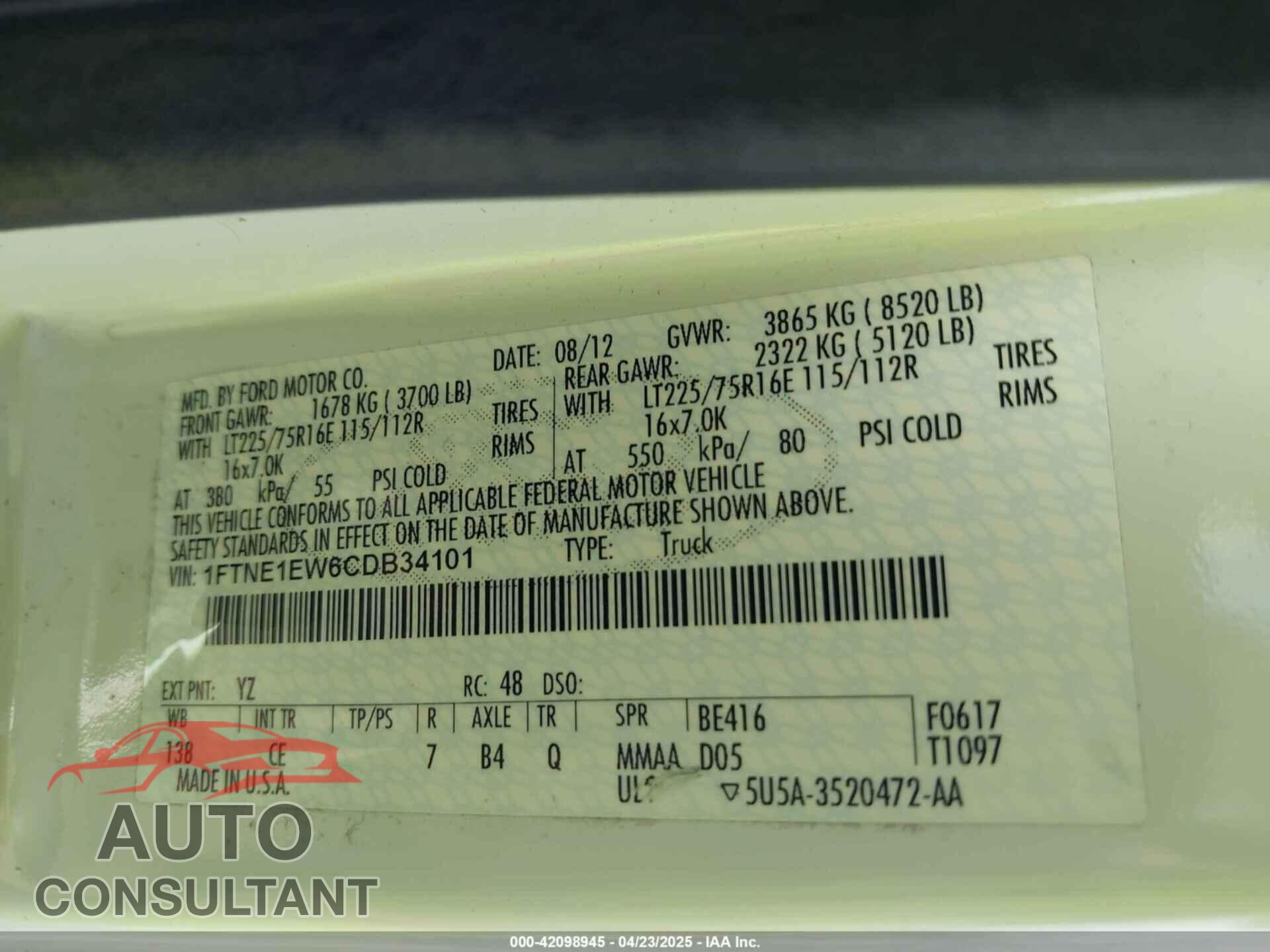 FORD E-150 2012 - 1FTNE1EW6CDB34101