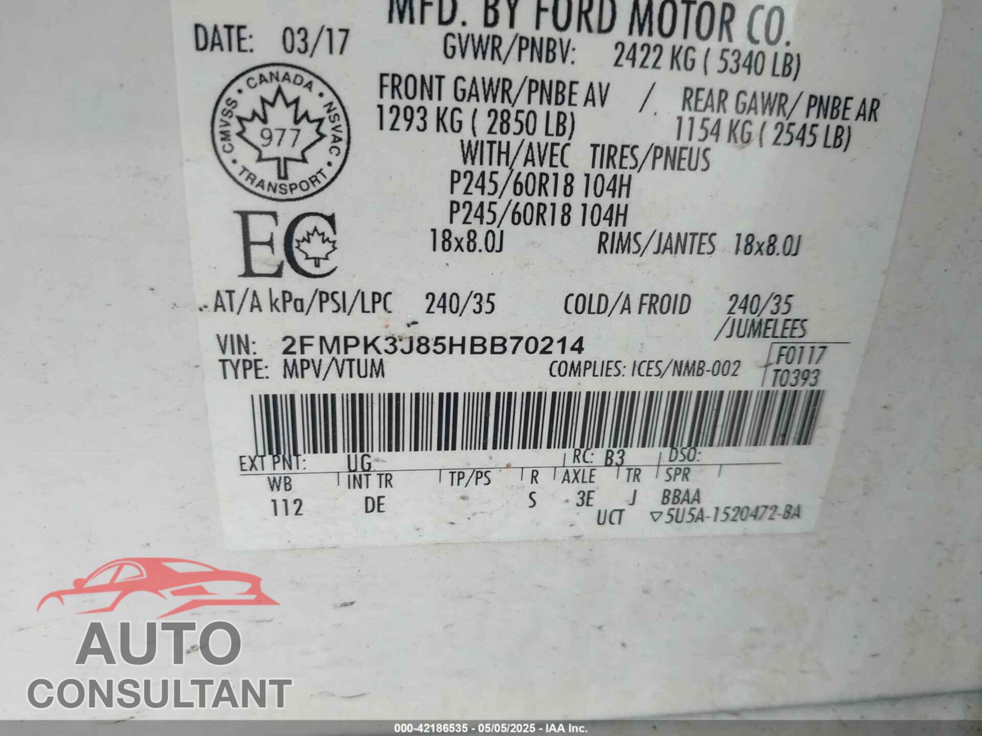 FORD EDGE 2017 - 2FMPK3J85HBB70214