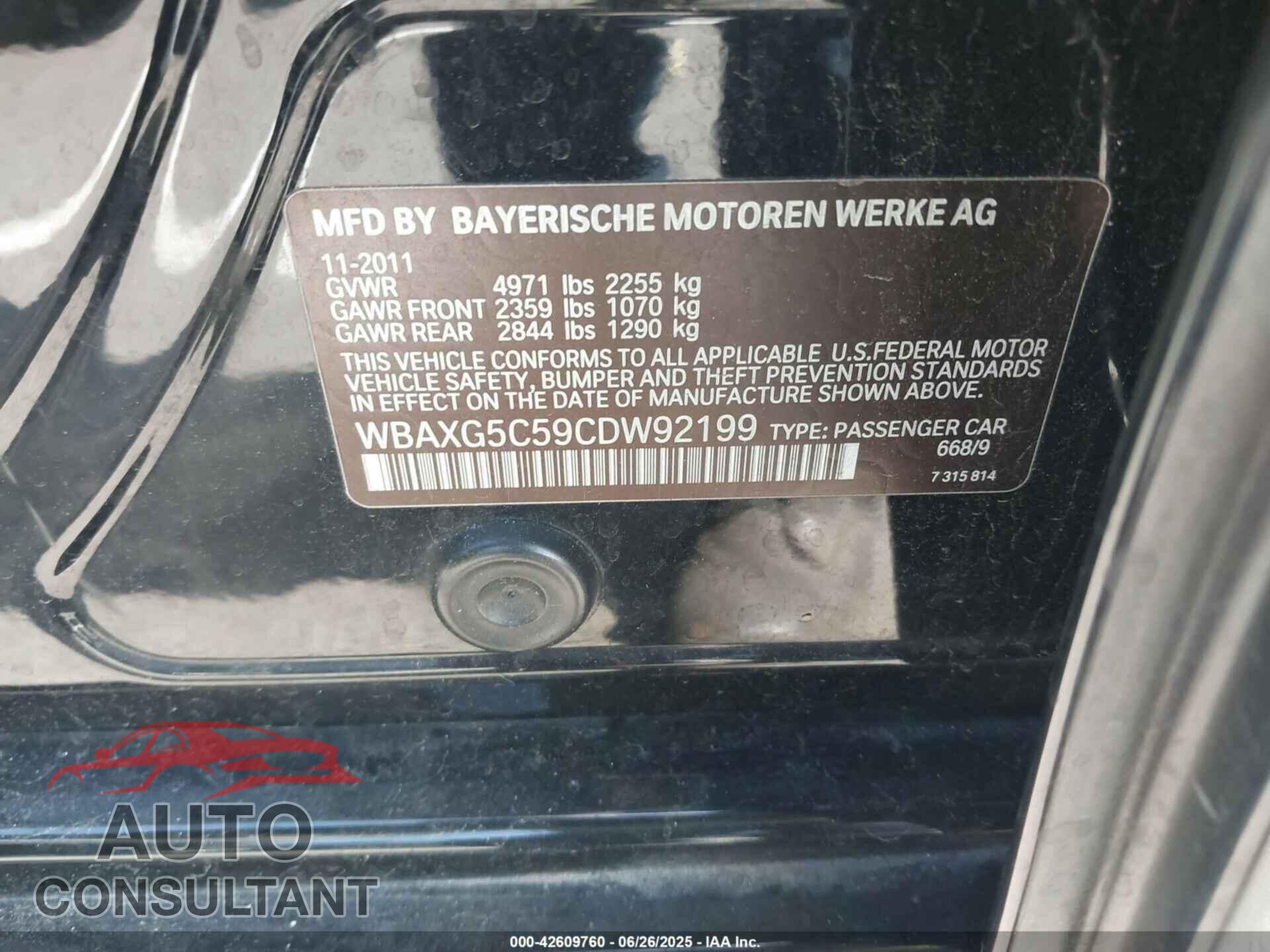 BMW 528I 2012 - WBAXG5C59CDW92199