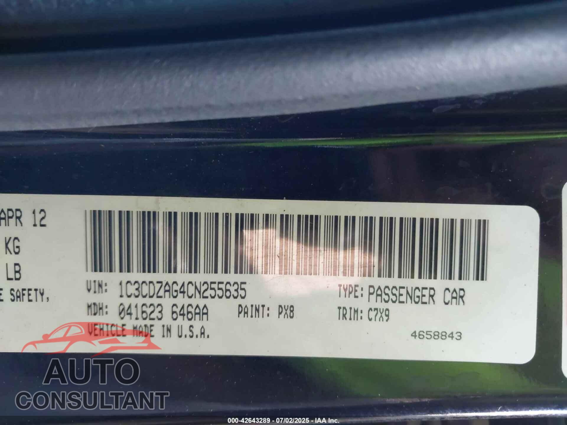 DODGE AVENGER 2012 - 1C3CDZAG4CN255635