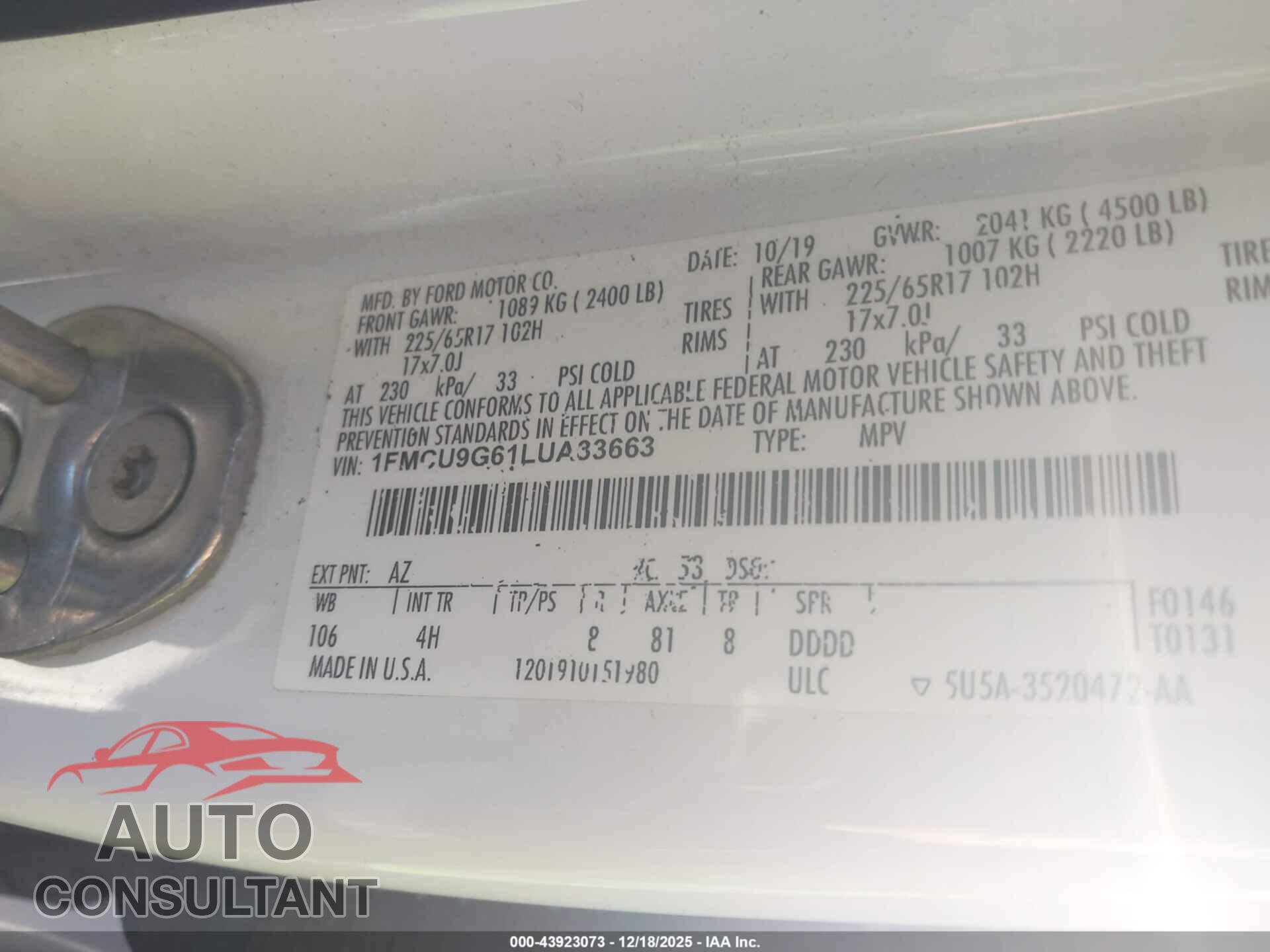 FORD ESCAPE 2020 - 1FMCU9G61LUA33663