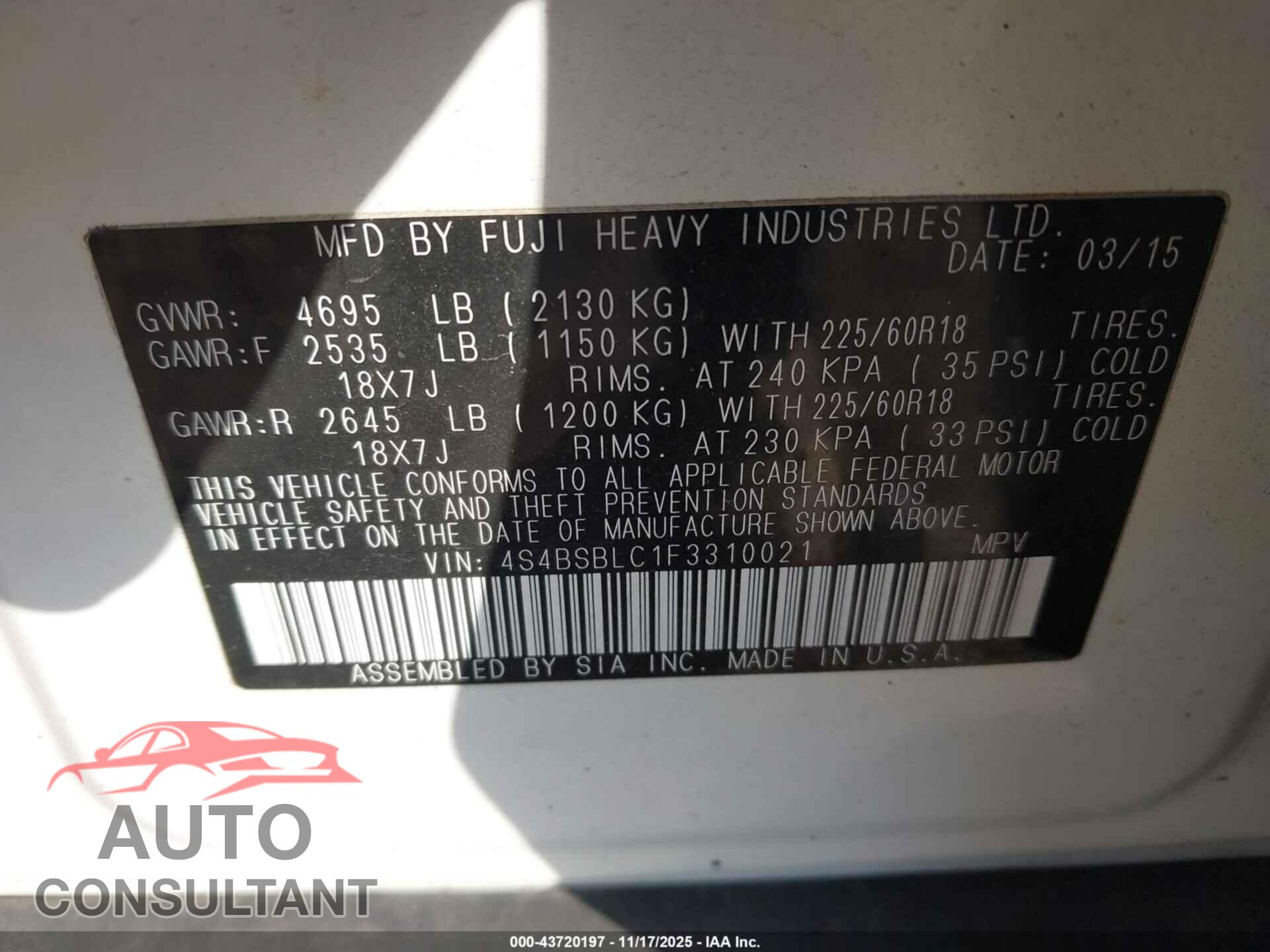 SUBARU OUTBACK 2015 - 4S4BSBLC1F3310021