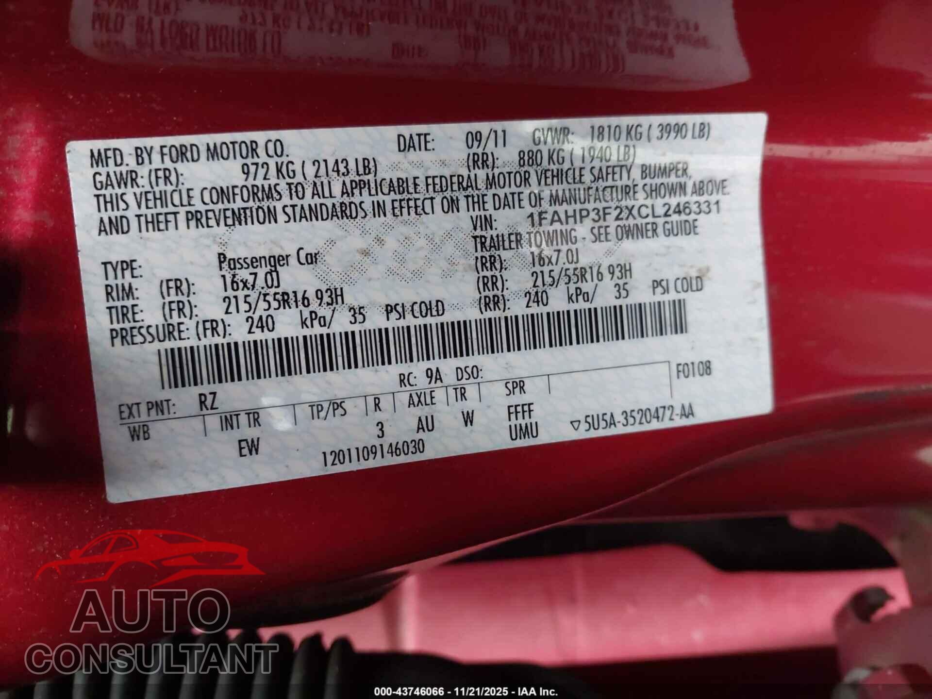 FORD FOCUS 2012 - 1FAHP3F2XCL246331