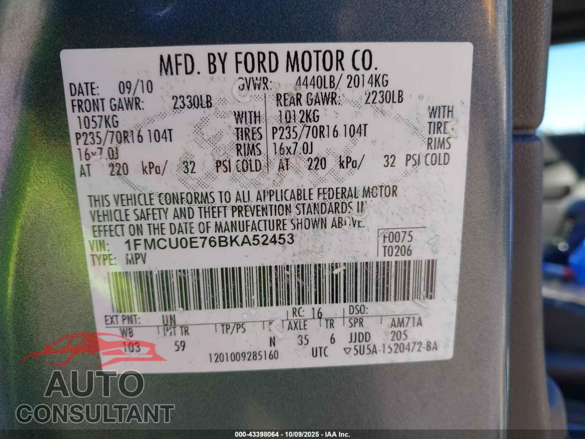 FORD ESCAPE 2011 - 1FMCU0E76BKA52453