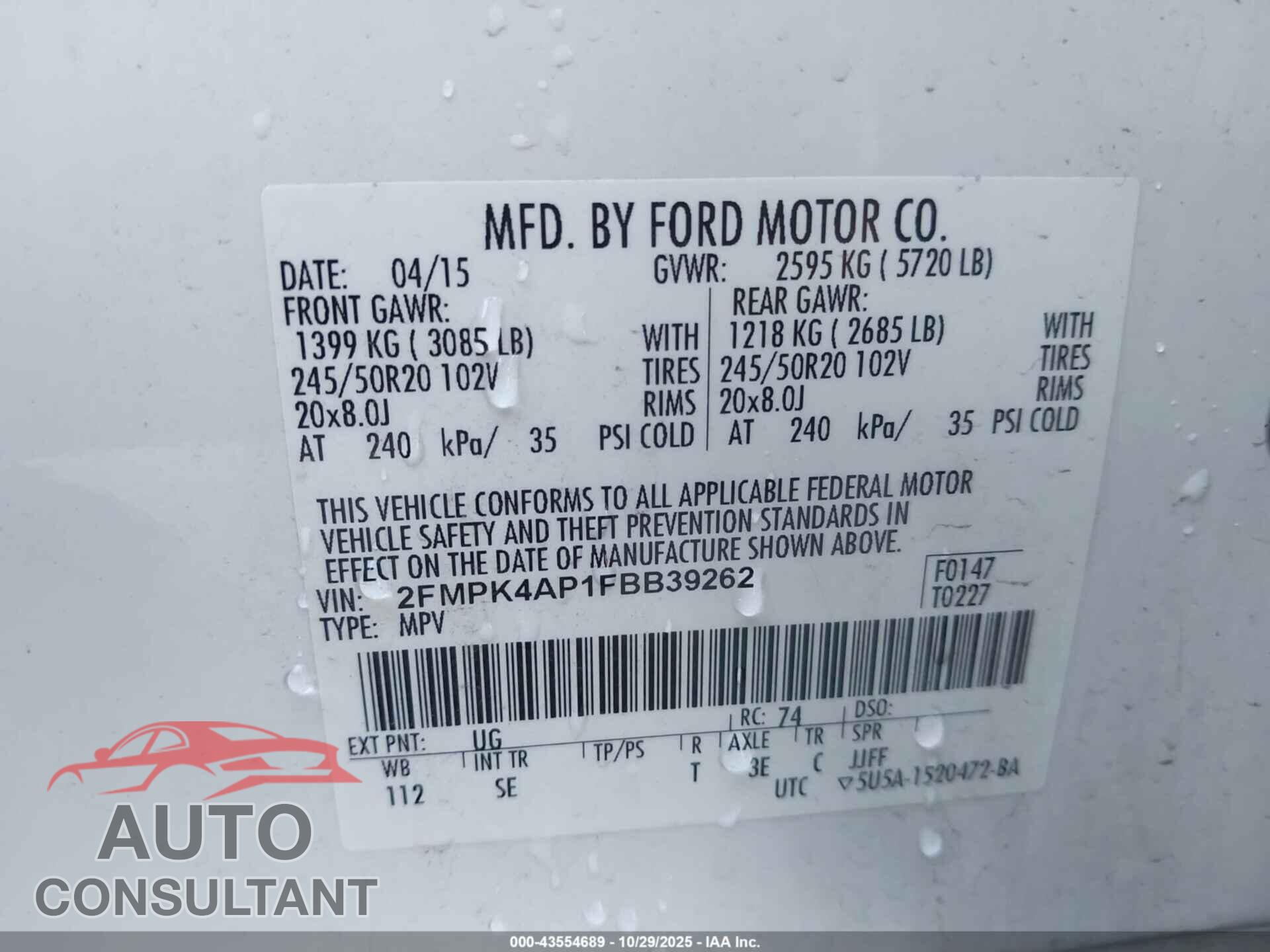FORD EDGE 2015 - 2FMPK4AP1FBB39262