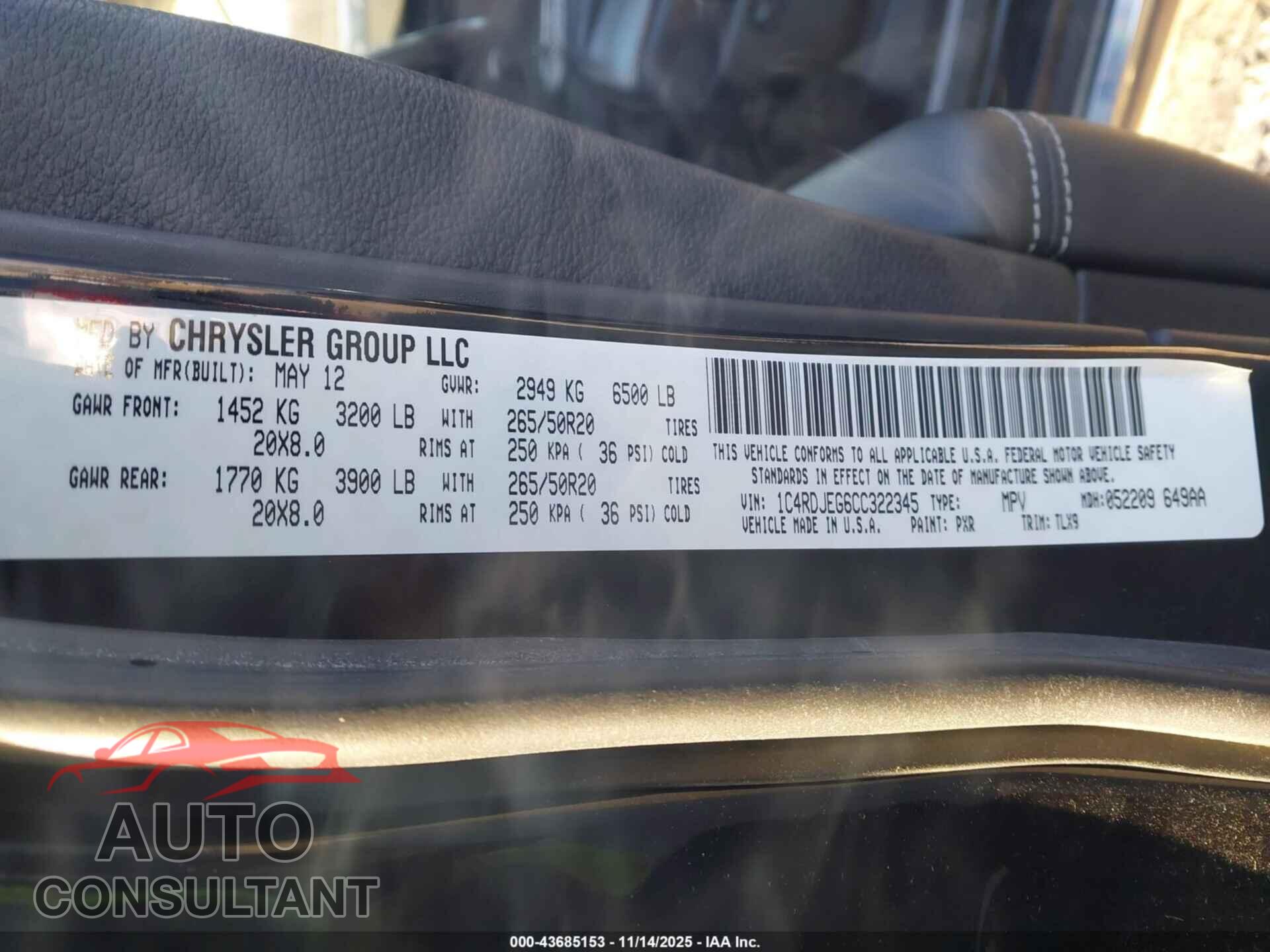 DODGE DURANGO 2012 - 1C4RDJEG6CC322345