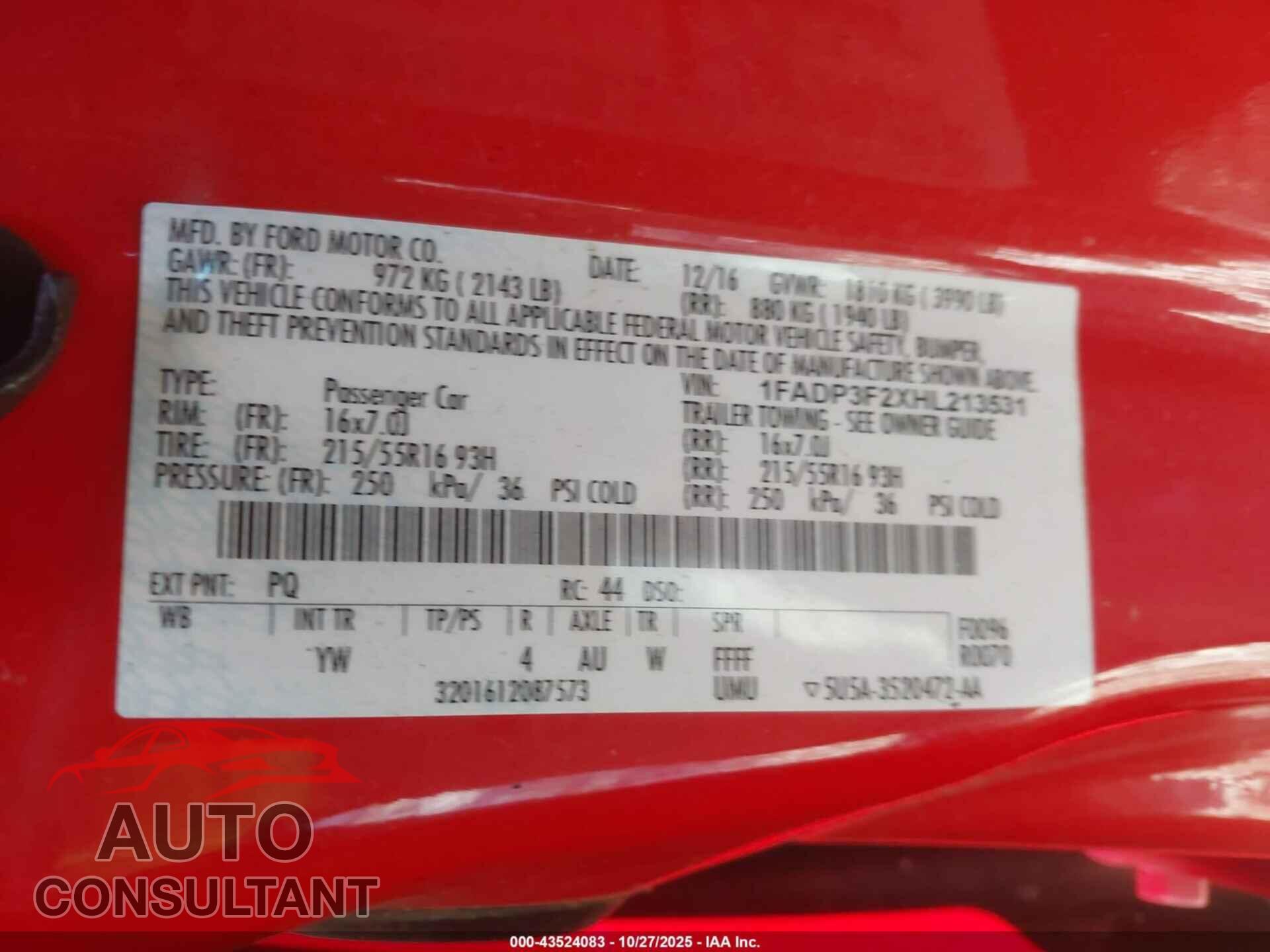 FORD FOCUS 2017 - 1FADP3F2XHL213531