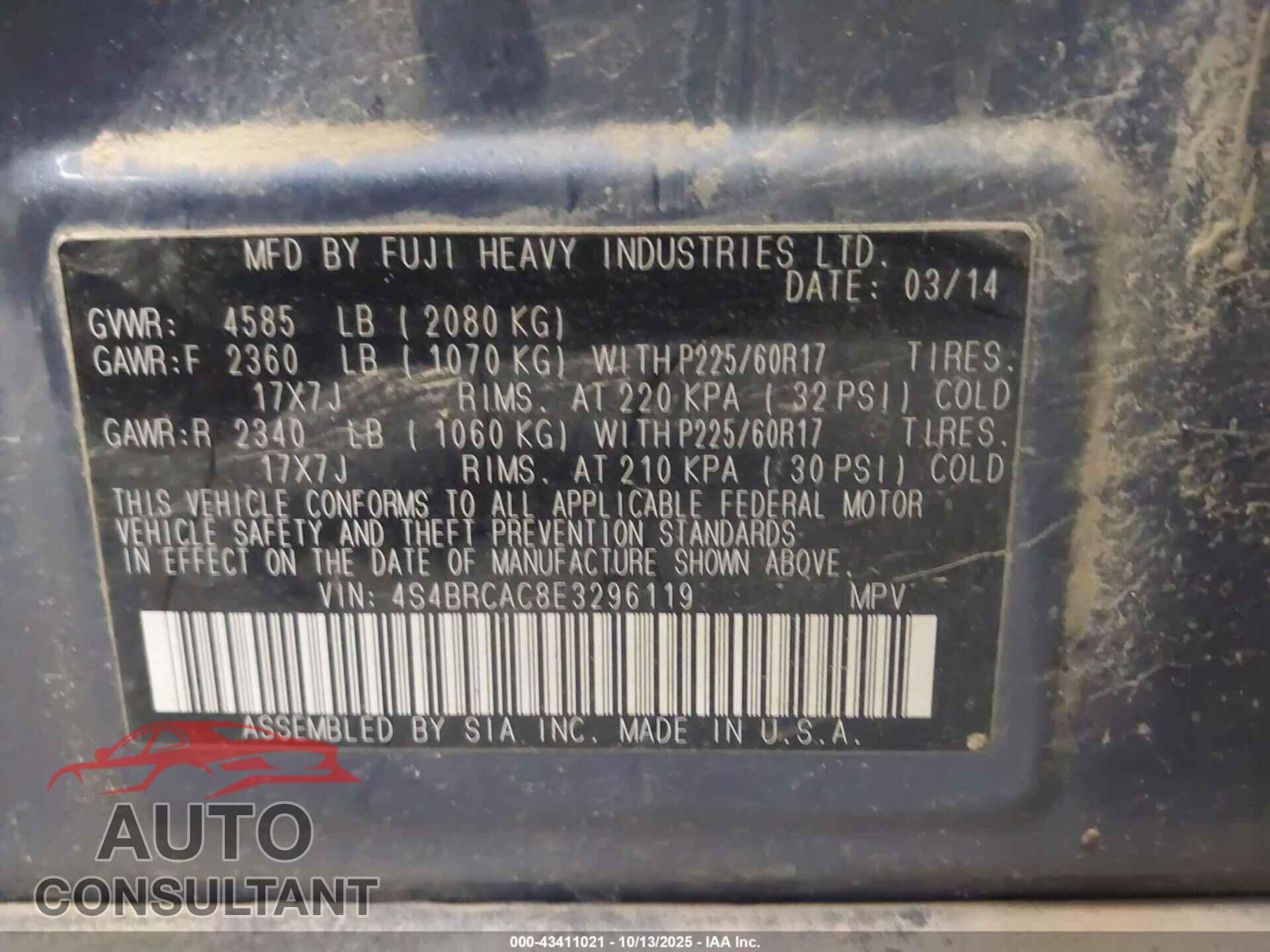 SUBARU OUTBACK 2014 - 4S4BRCAC8E3296119