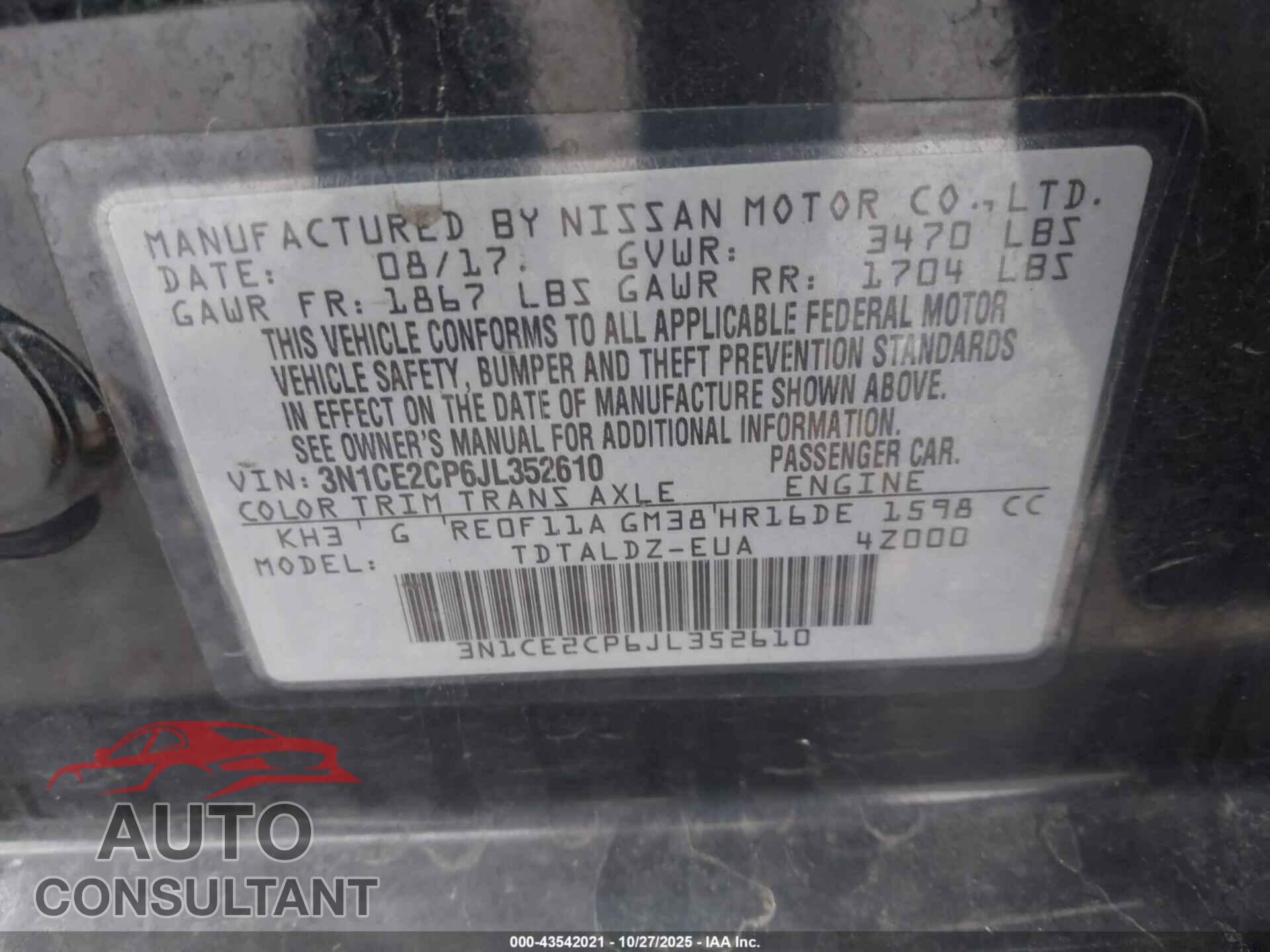 NISSAN VERSA NOTE 2018 - 3N1CE2CP6JL352610