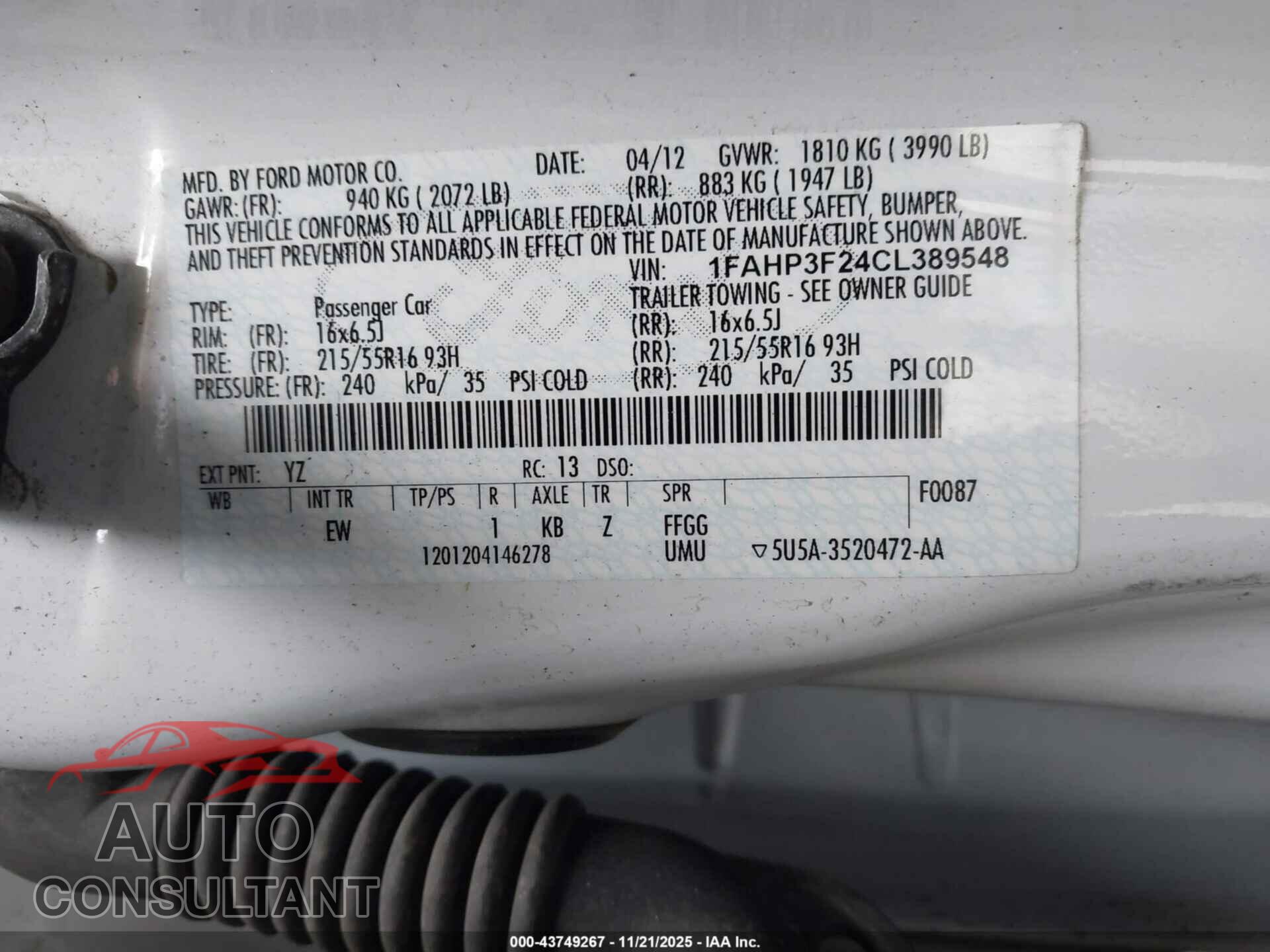 FORD FOCUS 2012 - 1FAHP3F24CL389548