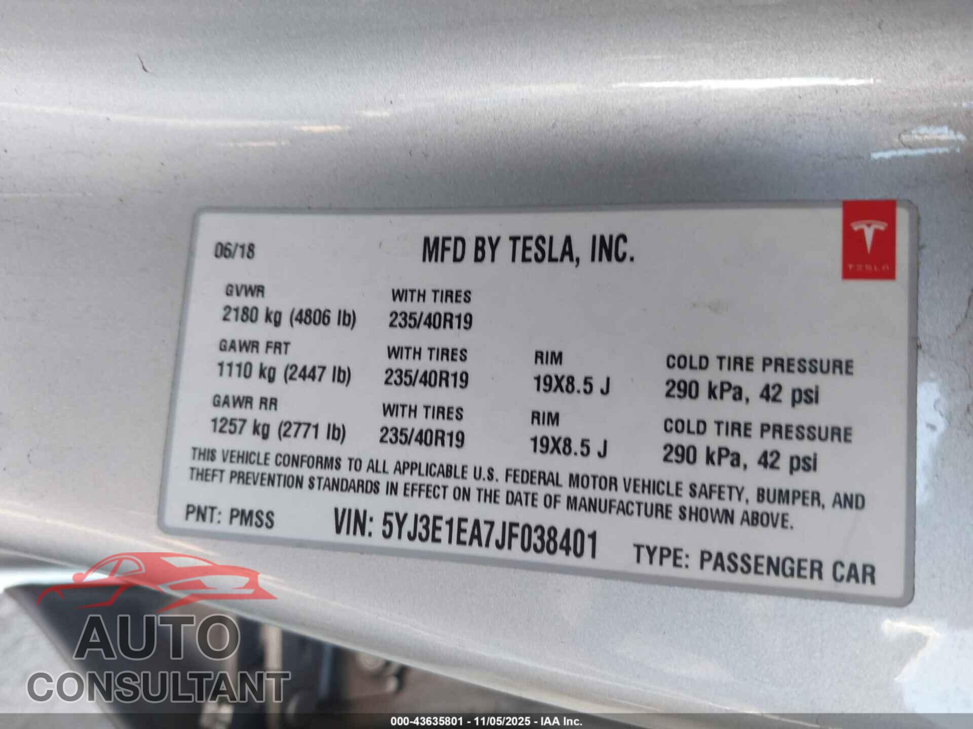 TESLA MODEL 3 2018 - 5YJ3E1EA7JF038401