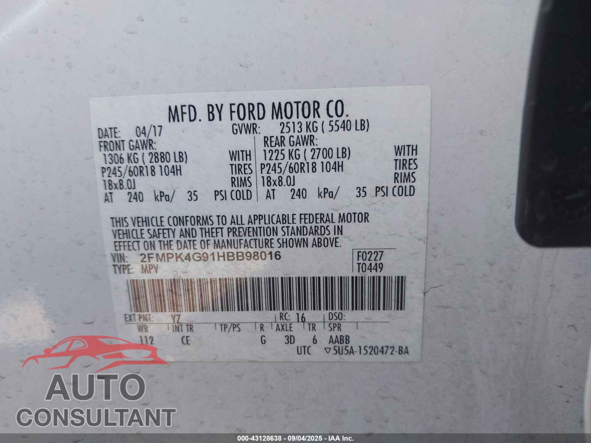 FORD EDGE 2017 - 2FMPK4G91HBB98016