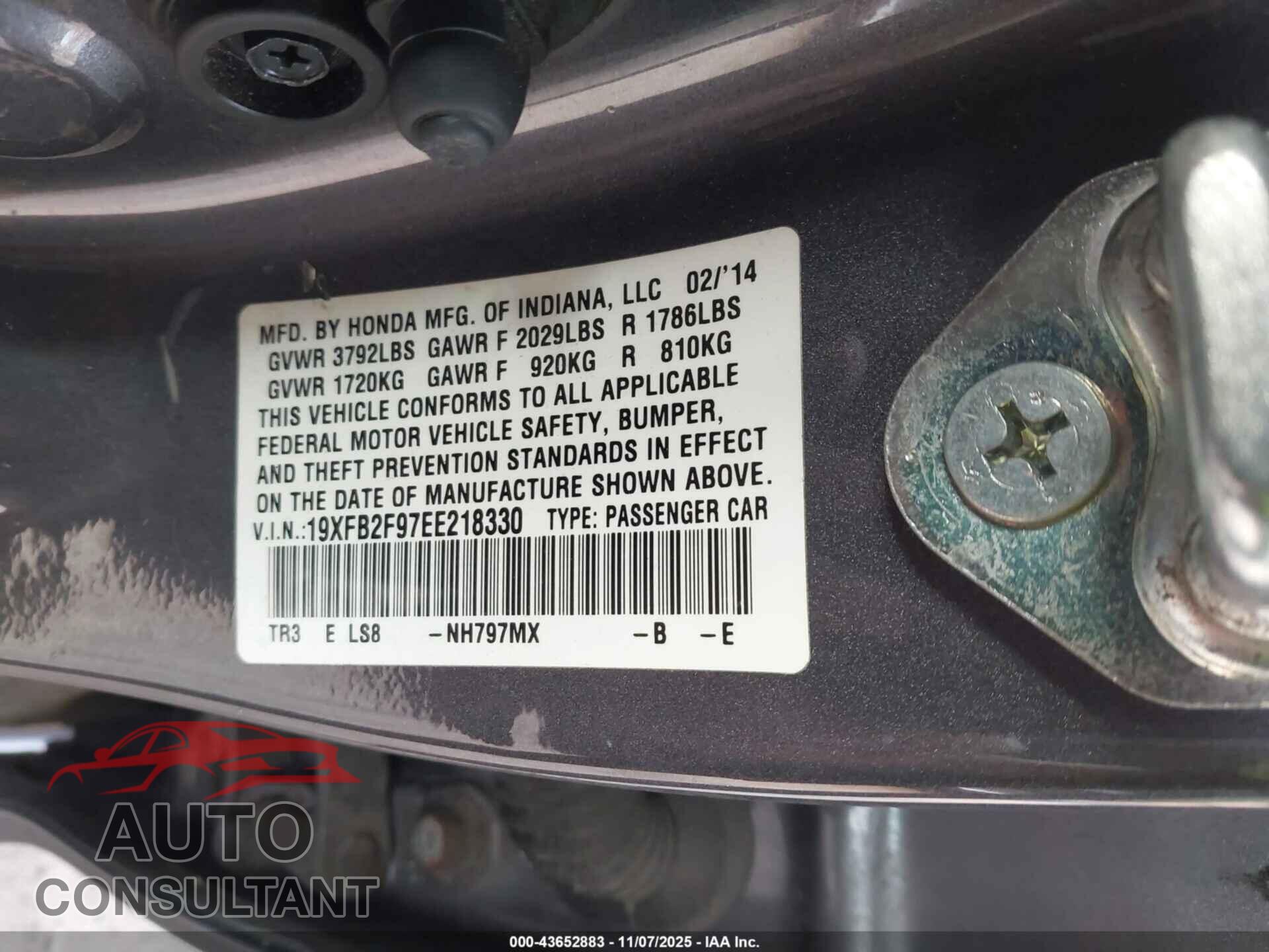HONDA CIVIC 2014 - 19XFB2F97EE218330