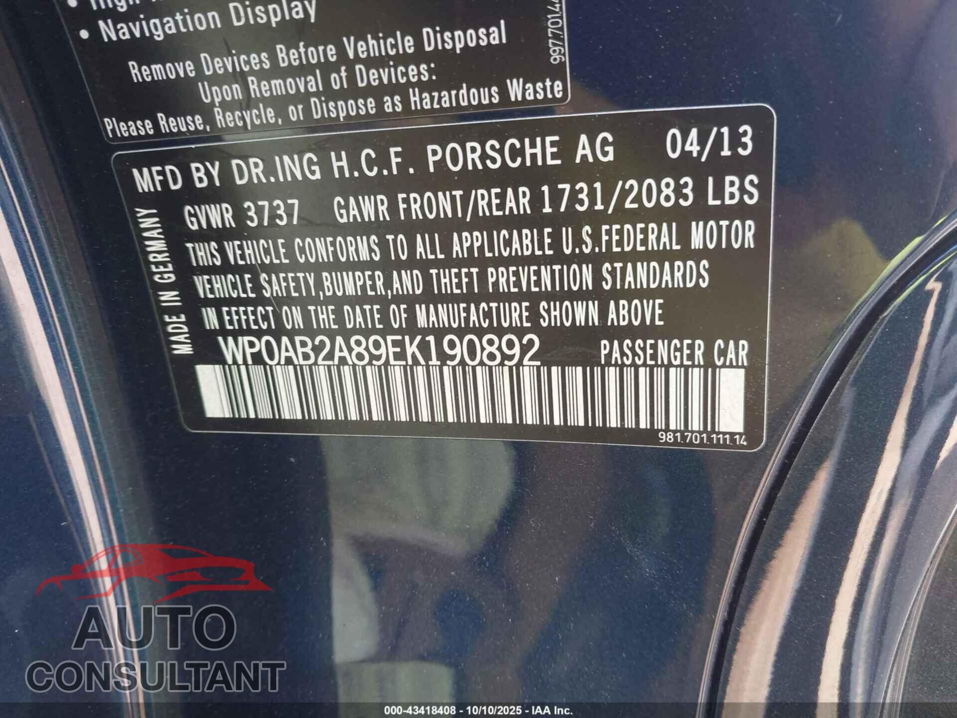PORSCHE CAYMAN 2014 - WP0AB2A89EK190892