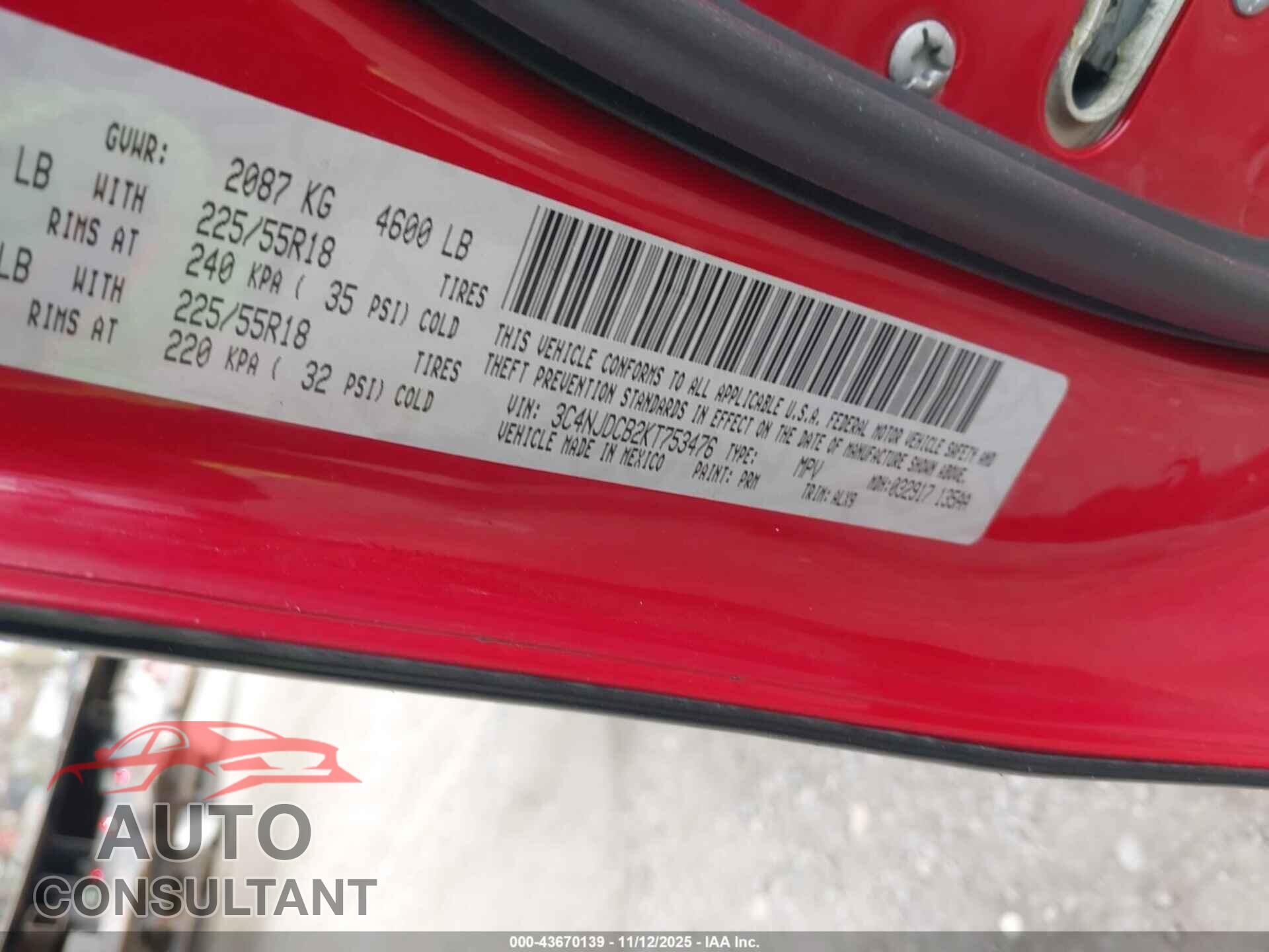 JEEP COMPASS 2019 - 3C4NJDCB2KT753476