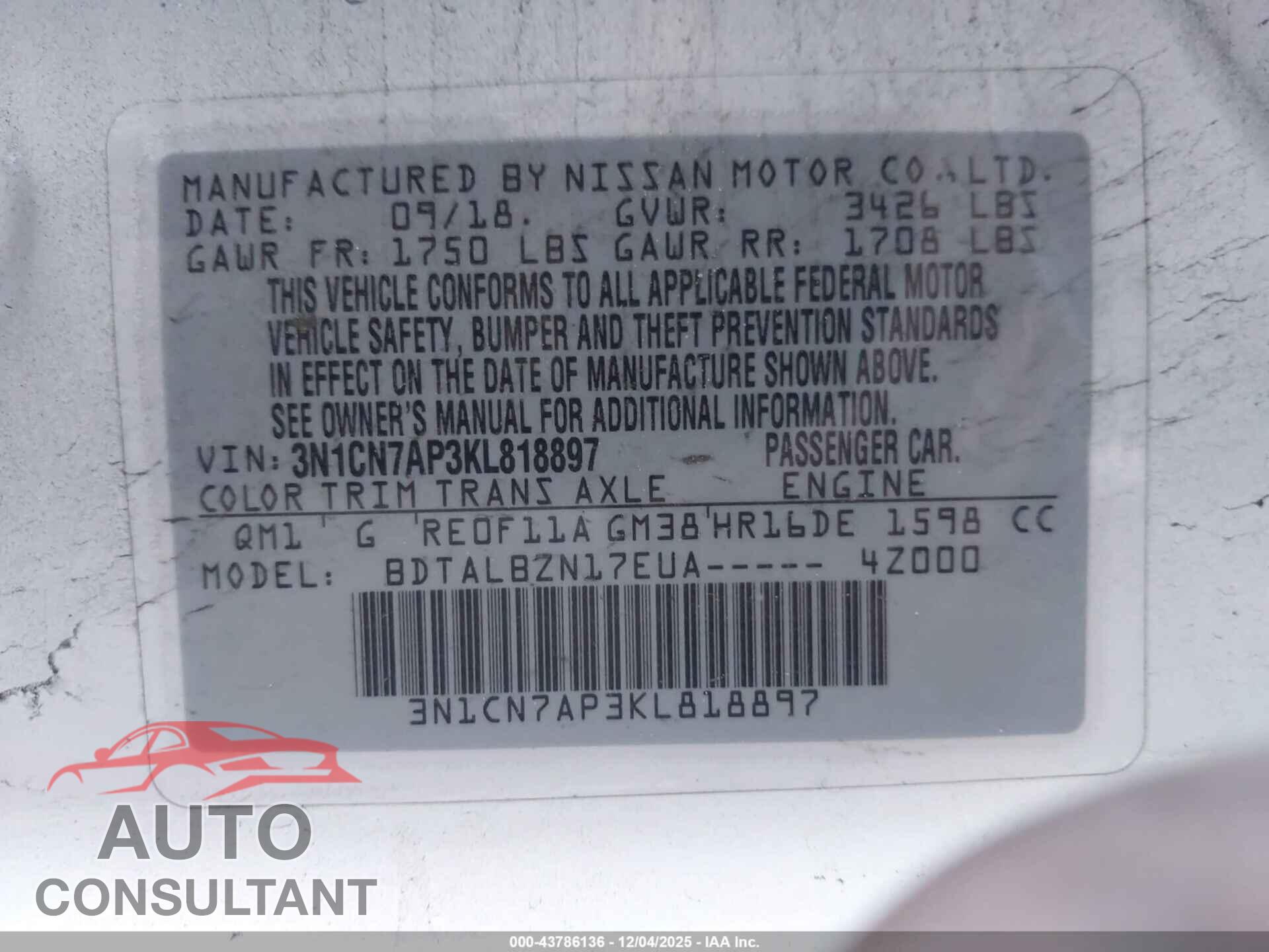 NISSAN VERSA 2019 - 3N1CN7AP3KL818897