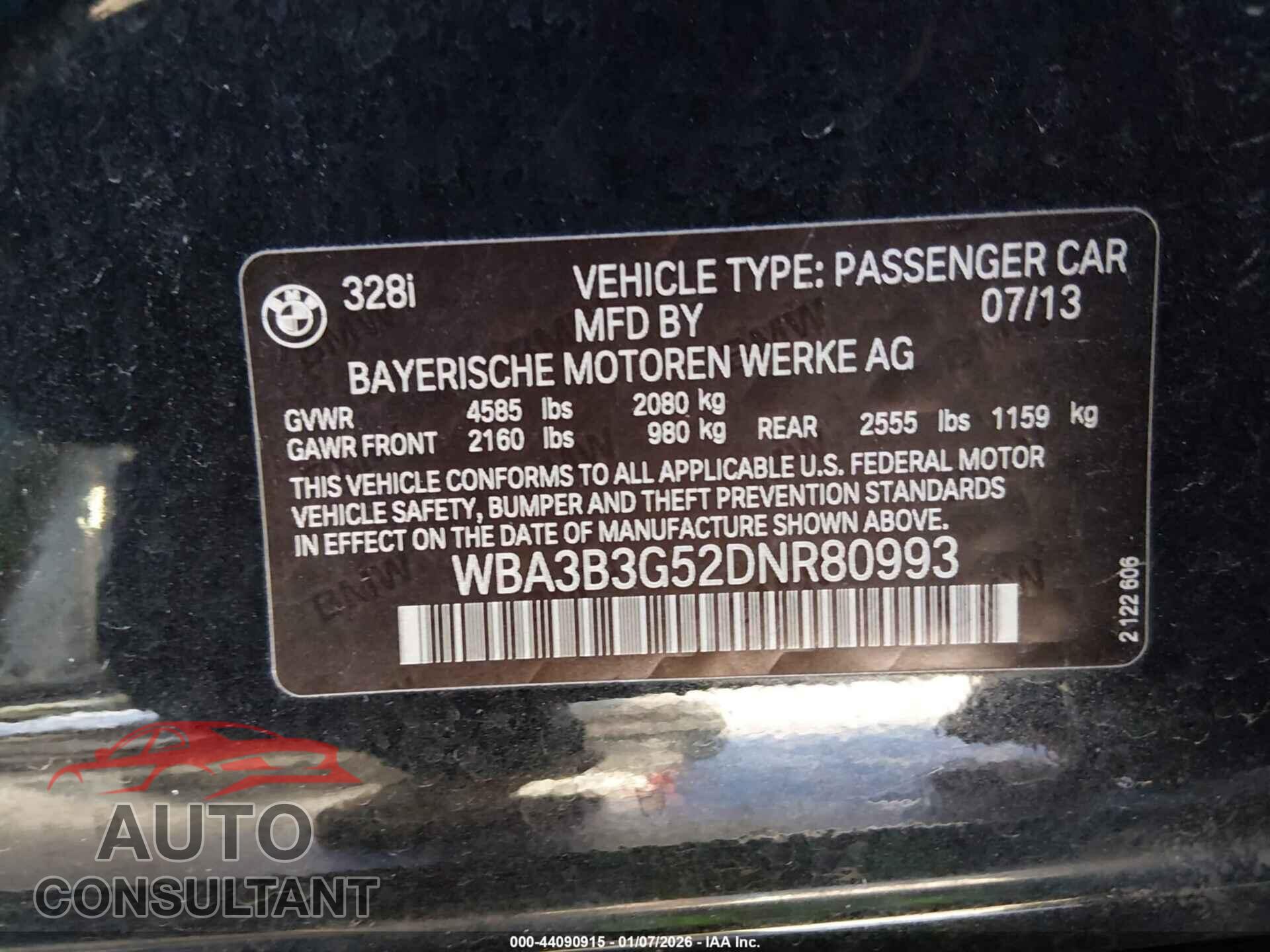 BMW 328I 2013 - WBA3B3G52DNR80993