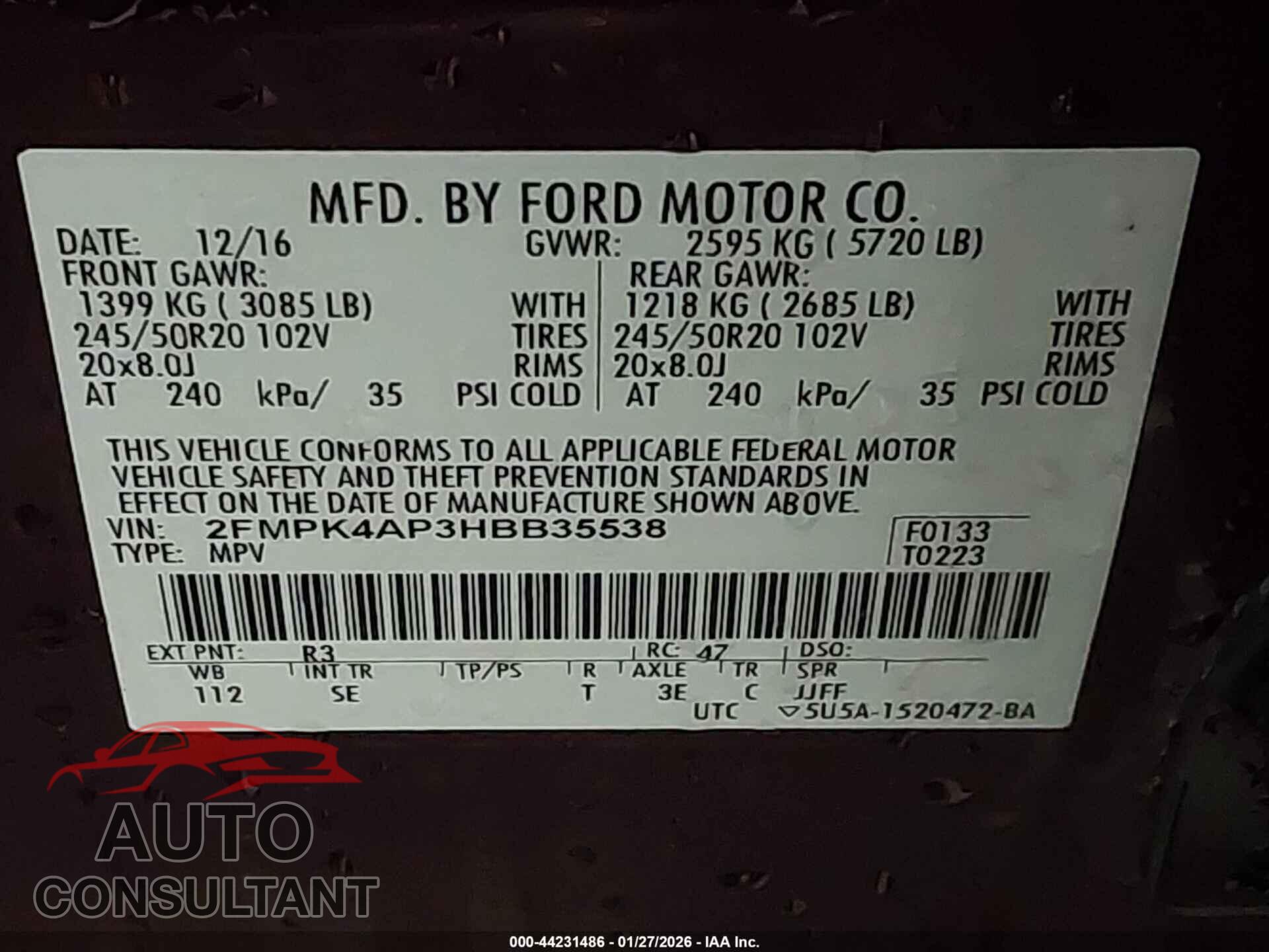 FORD EDGE 2017 - 2FMPK4AP3HBB35538