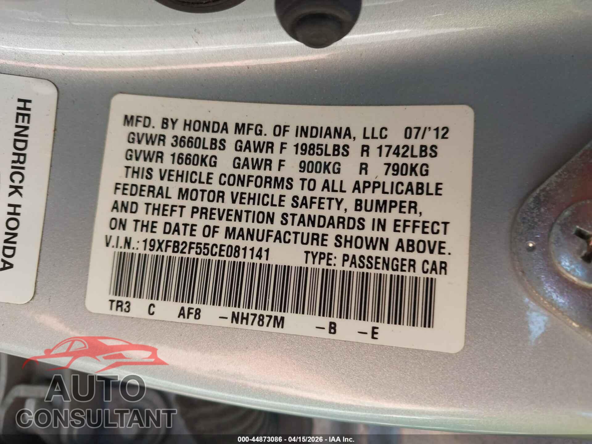 HONDA CIVIC 2012 - 19XFB2F55CE081141