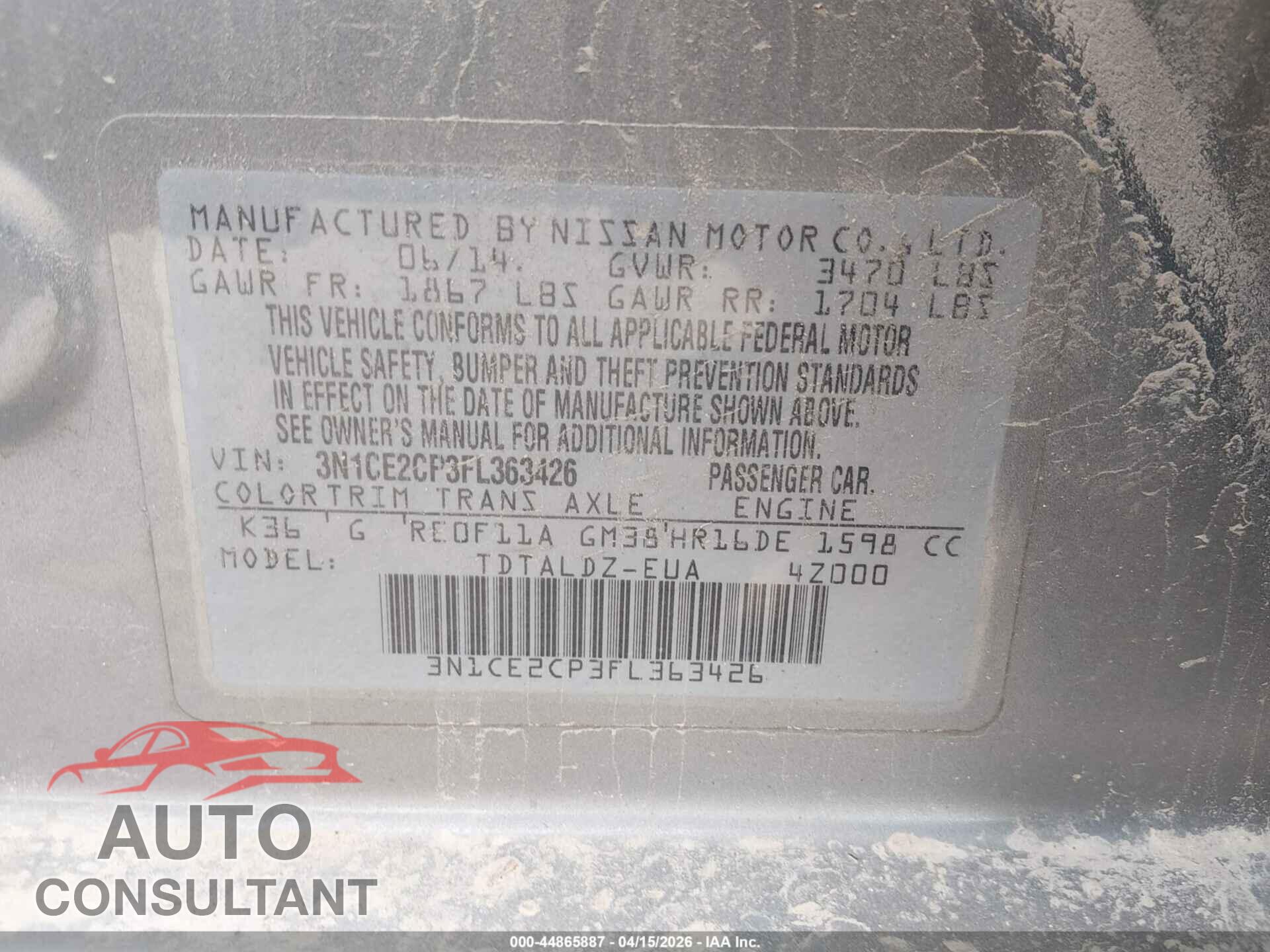 NISSAN VERSA NOTE 2015 - 3N1CE2CP3FL363426