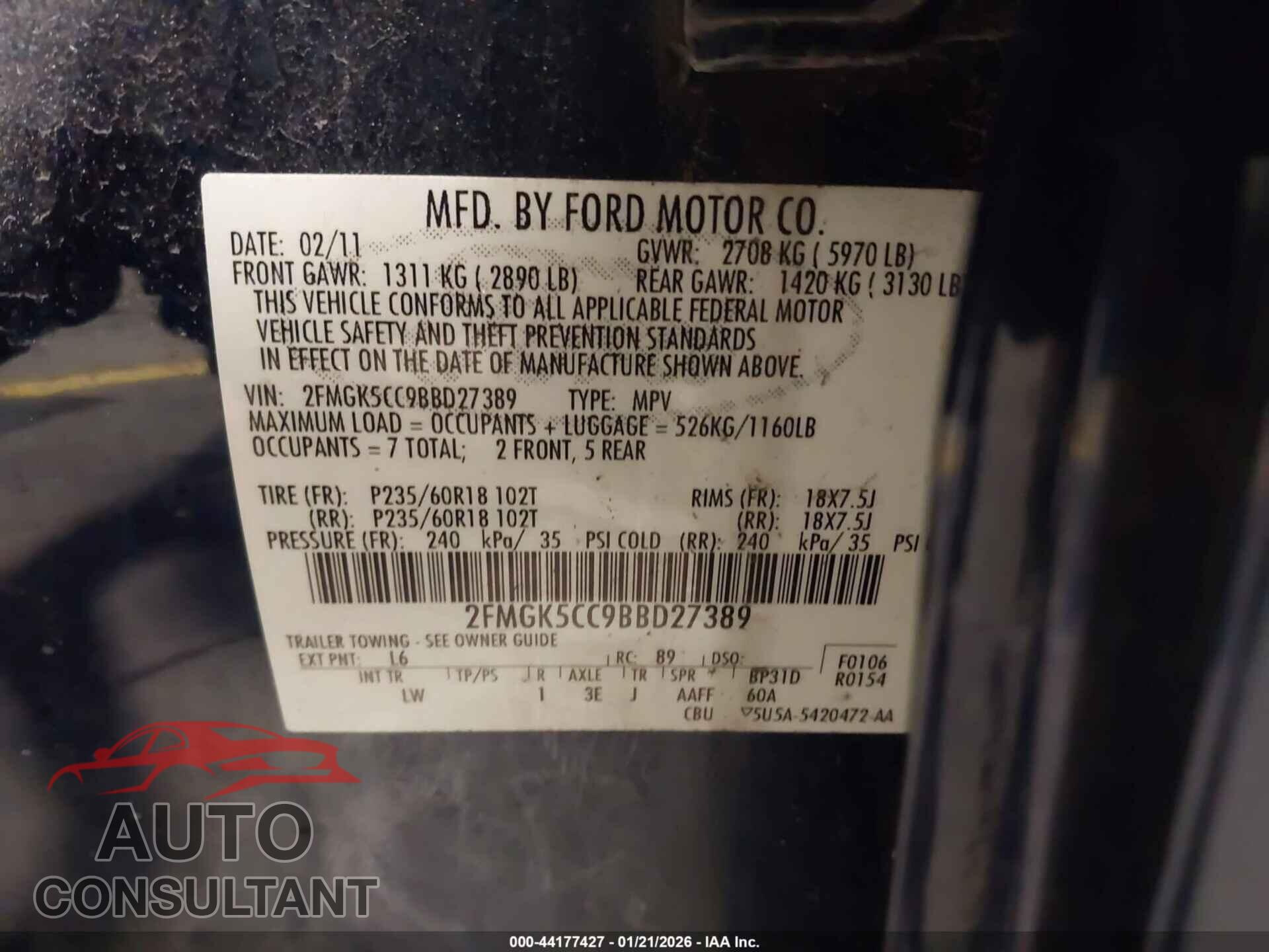 FORD FLEX 2011 - 2FMGK5CC9BBD27389