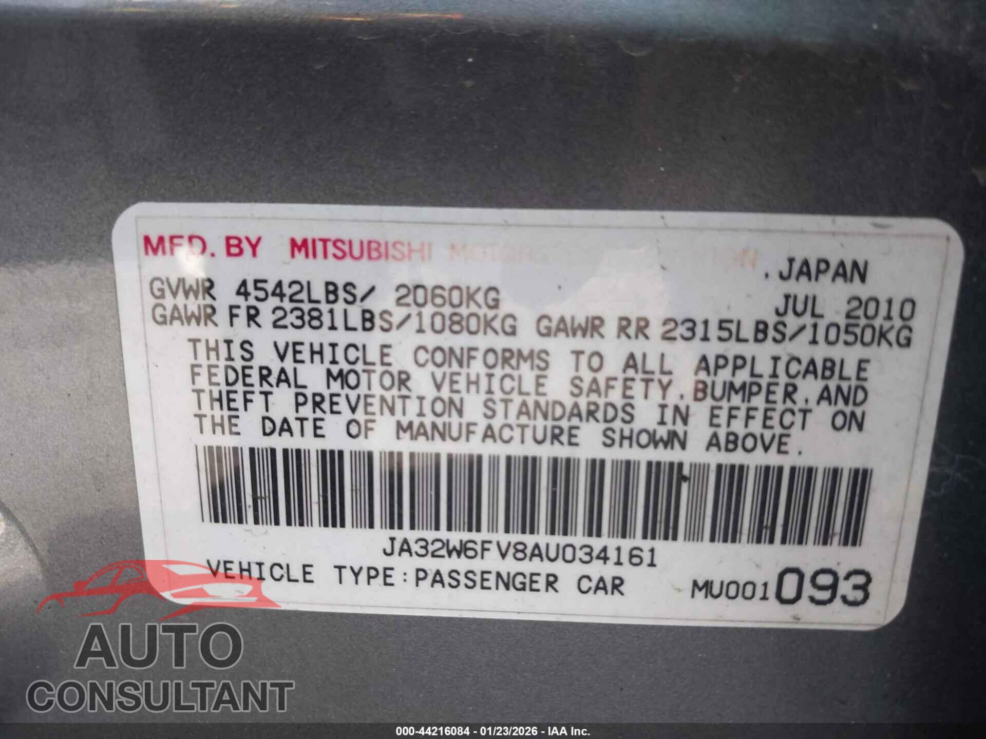 MITSUBISHI LANCER EVOLUTION 2010 - JA32W6FV8AU034161