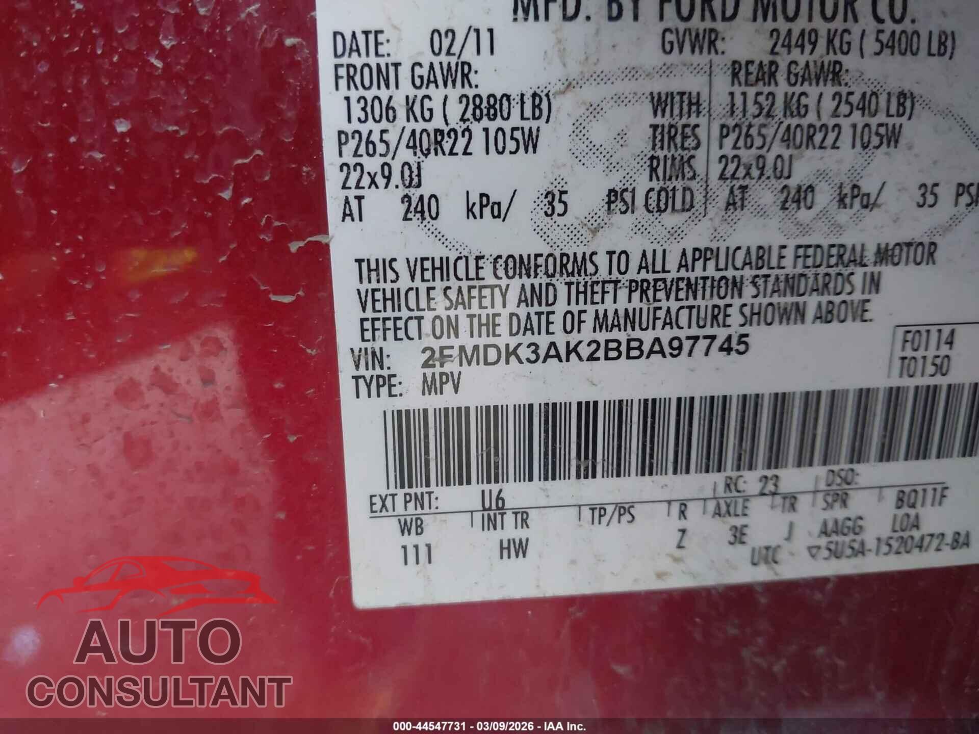 FORD EDGE 2011 - 2FMDK3AK2BBA97745