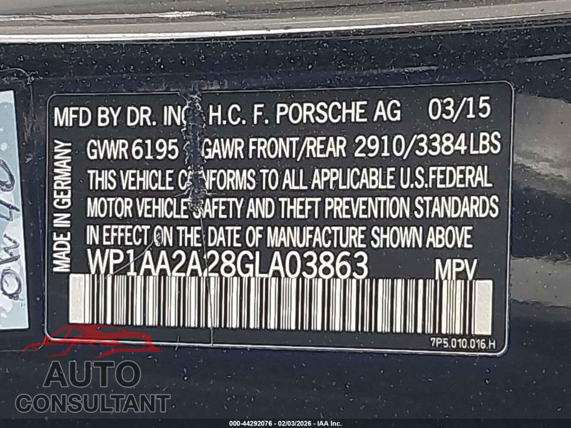 PORSCHE CAYENNE 2016 - WP1AA2A28GLA03863