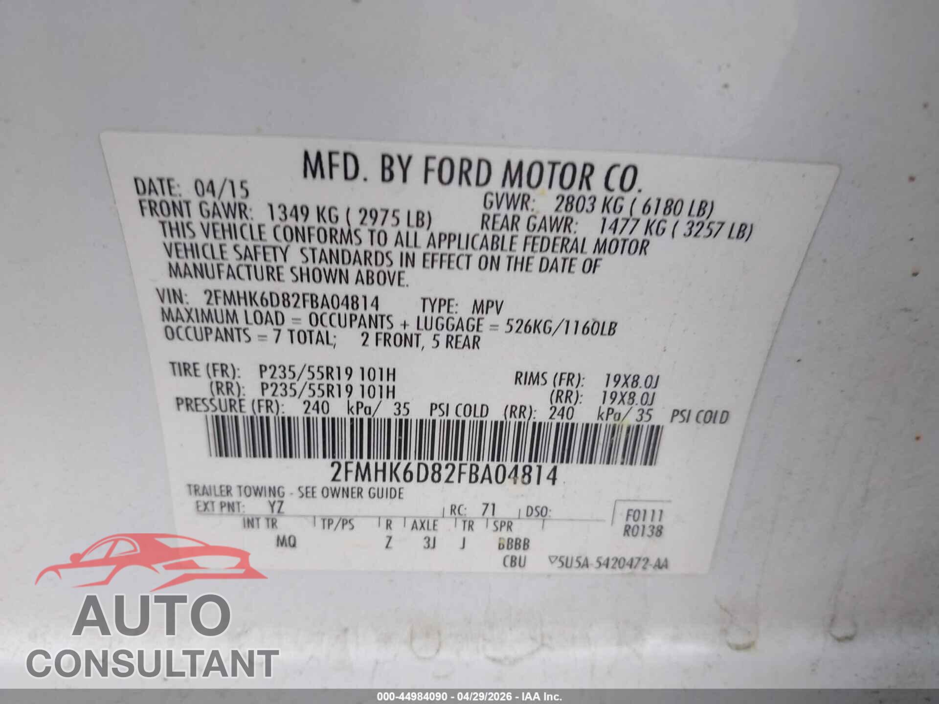 FORD FLEX 2015 - 2FMHK6D82FBA04814