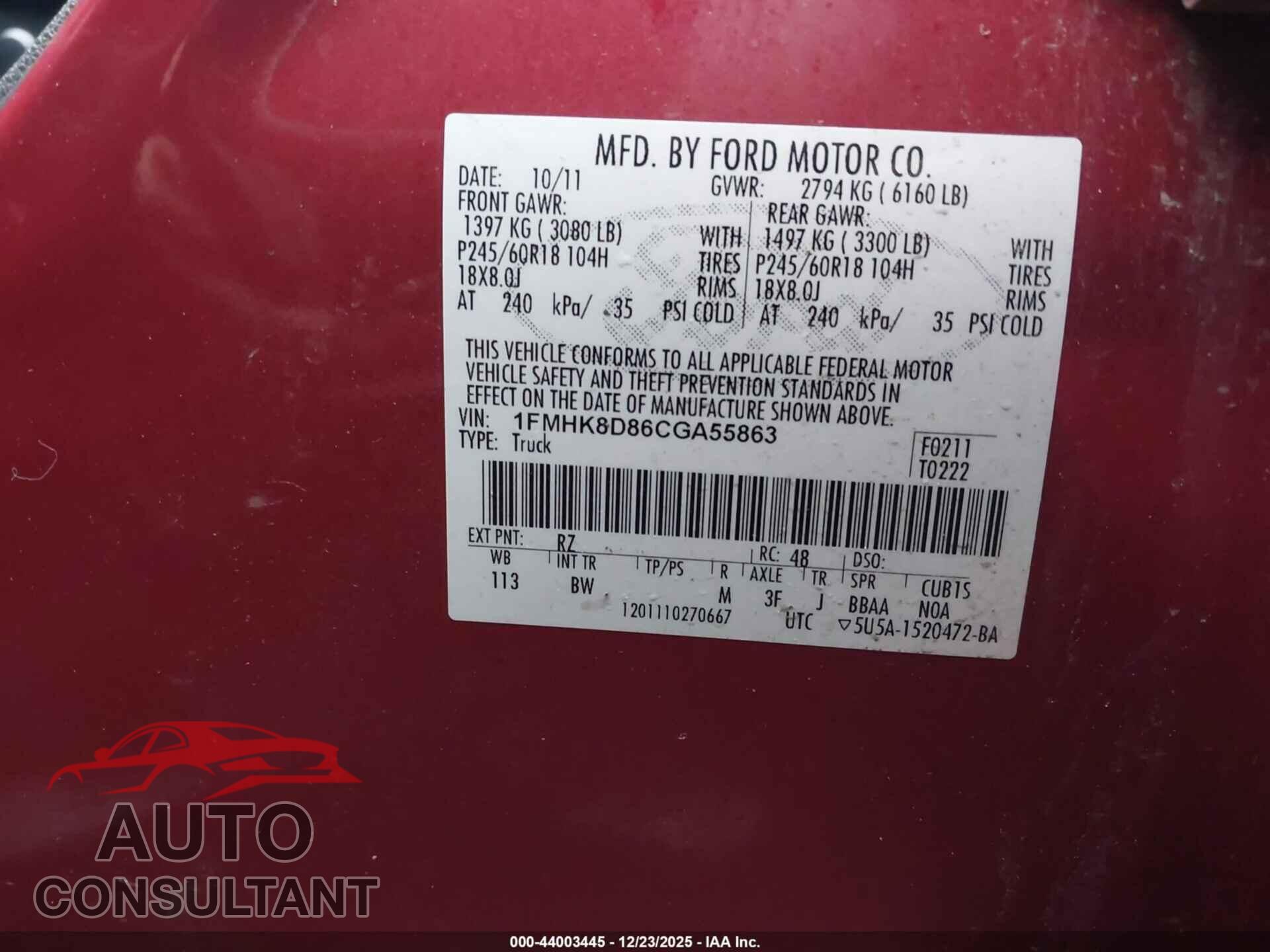 FORD EXPLORER 2012 - 1FMHK8D86CGA55863